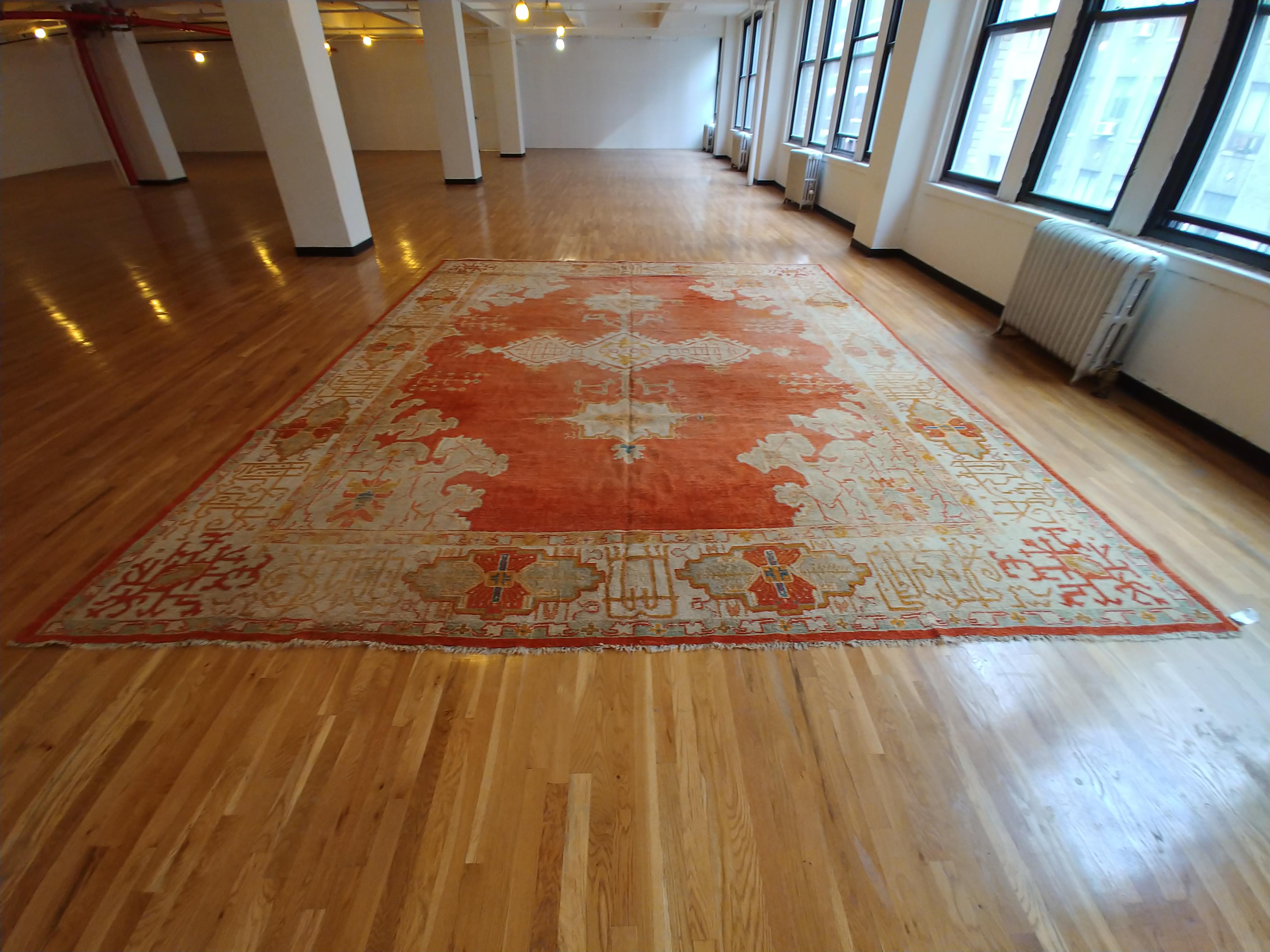 Antique Oushak Carpet, Oriental Rug, Handmade Rug Saffron, Light Blue and Coral For Sale 2