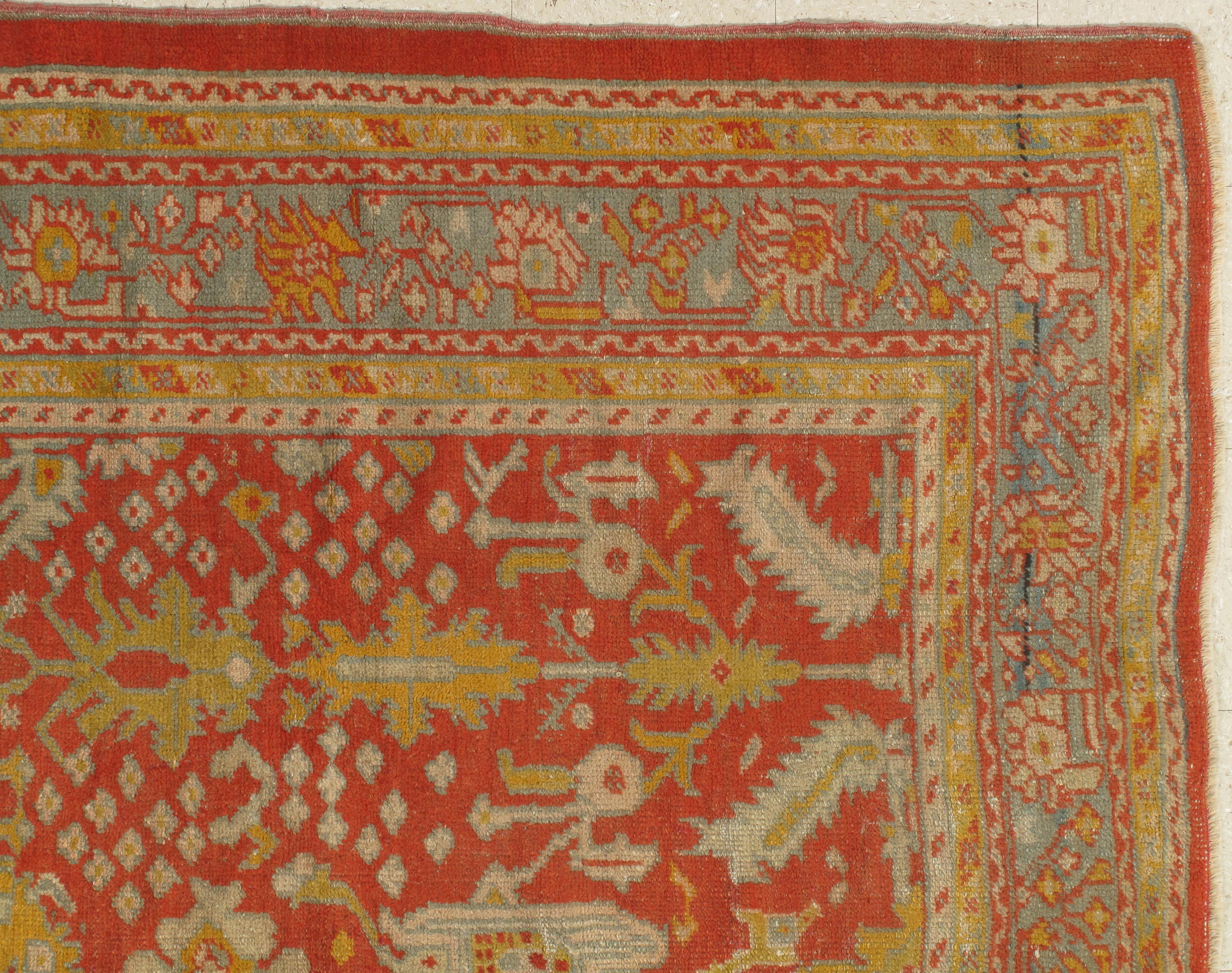 Antique Oushak Carpet, Oriental Rug, Handmade Rug Saffron, Light Blue and Coral For Sale 2