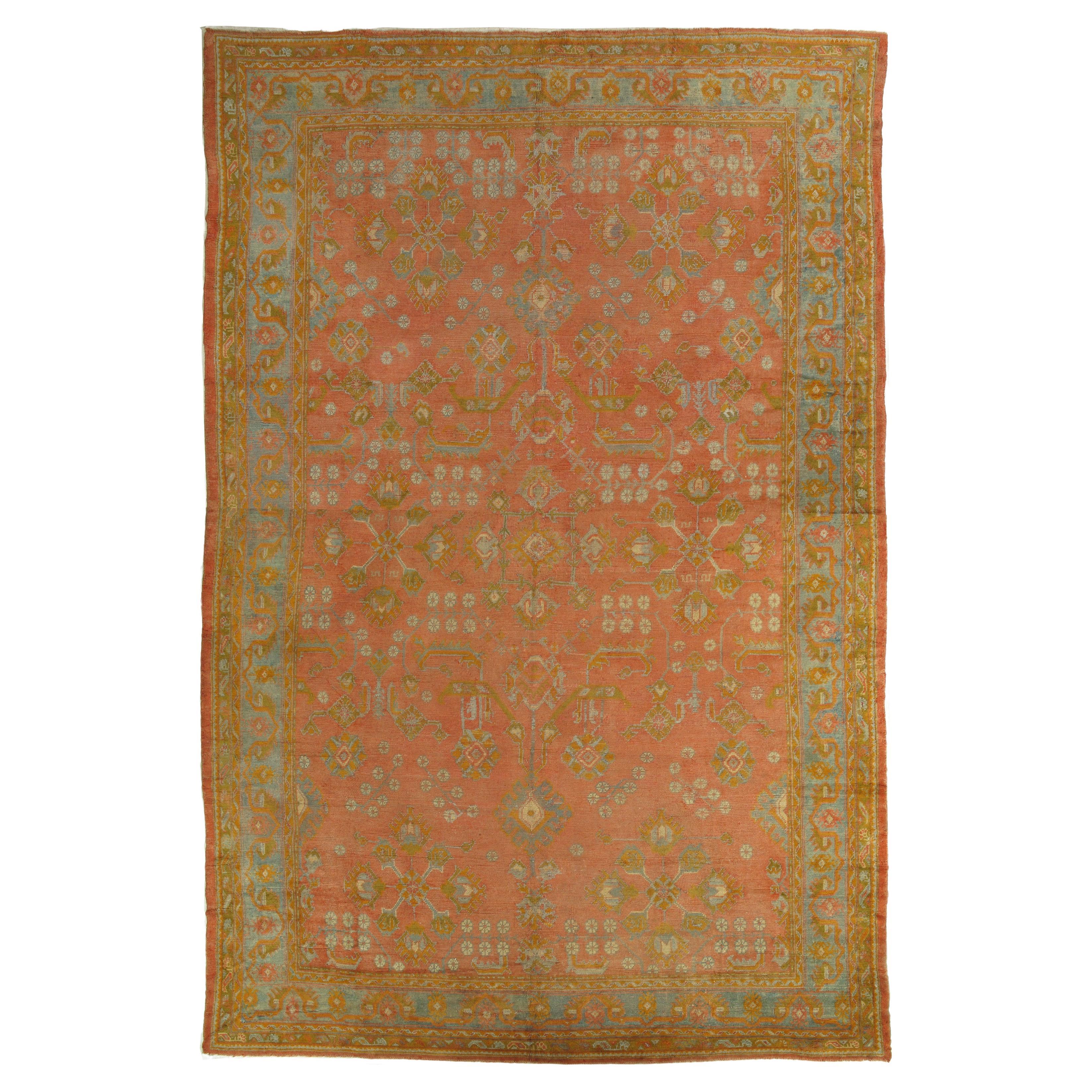 Tapis antique Oushak, Tapis oriental, Tapis fait à la main Saffron, Bleu clair et Corail