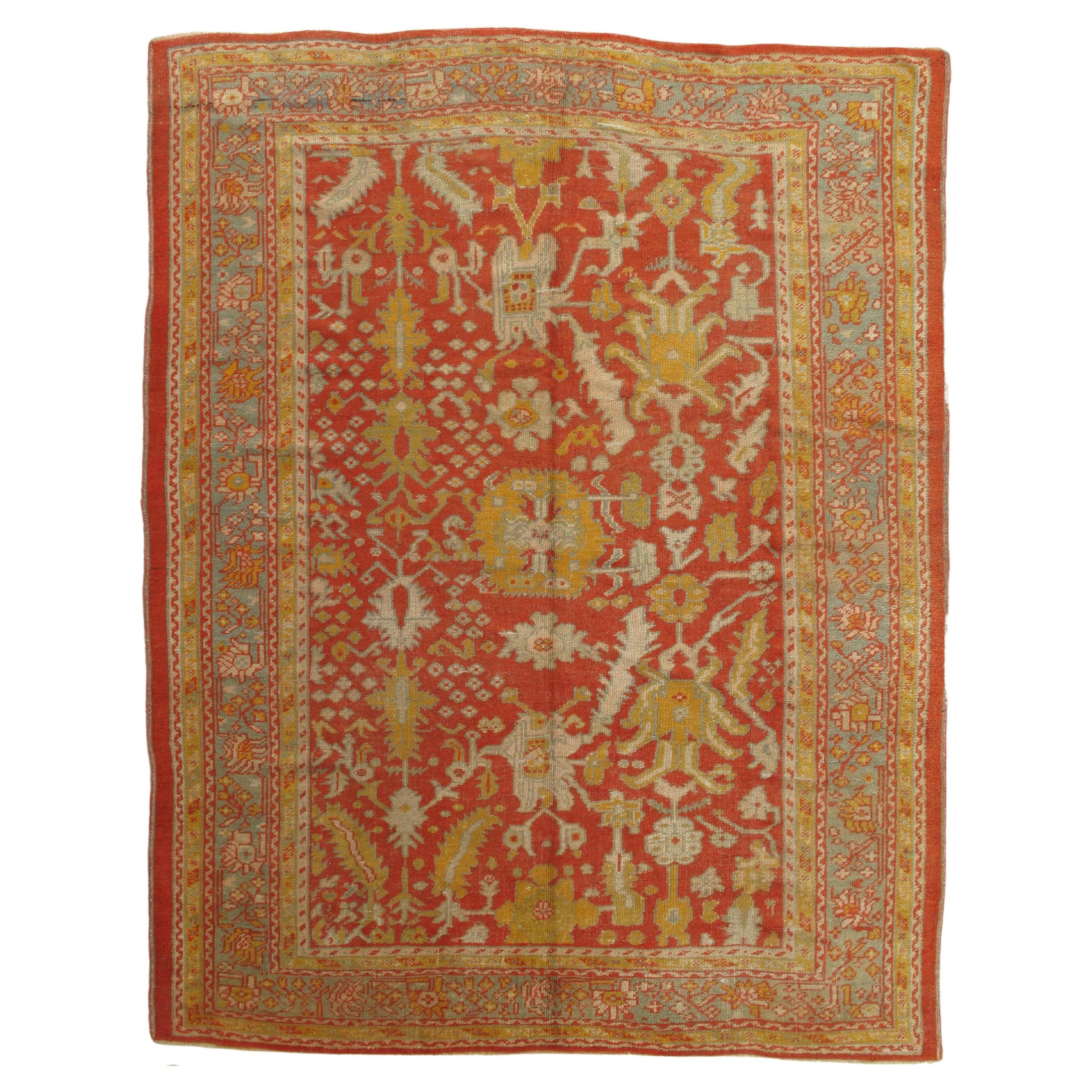 Antique Oushak Carpet, Oriental Rug, Handmade Rug Saffron, Light Blue and Coral For Sale