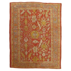 Antique Oushak Carpet, Oriental Rug, Handmade Rug Saffron, Light Blue and Coral