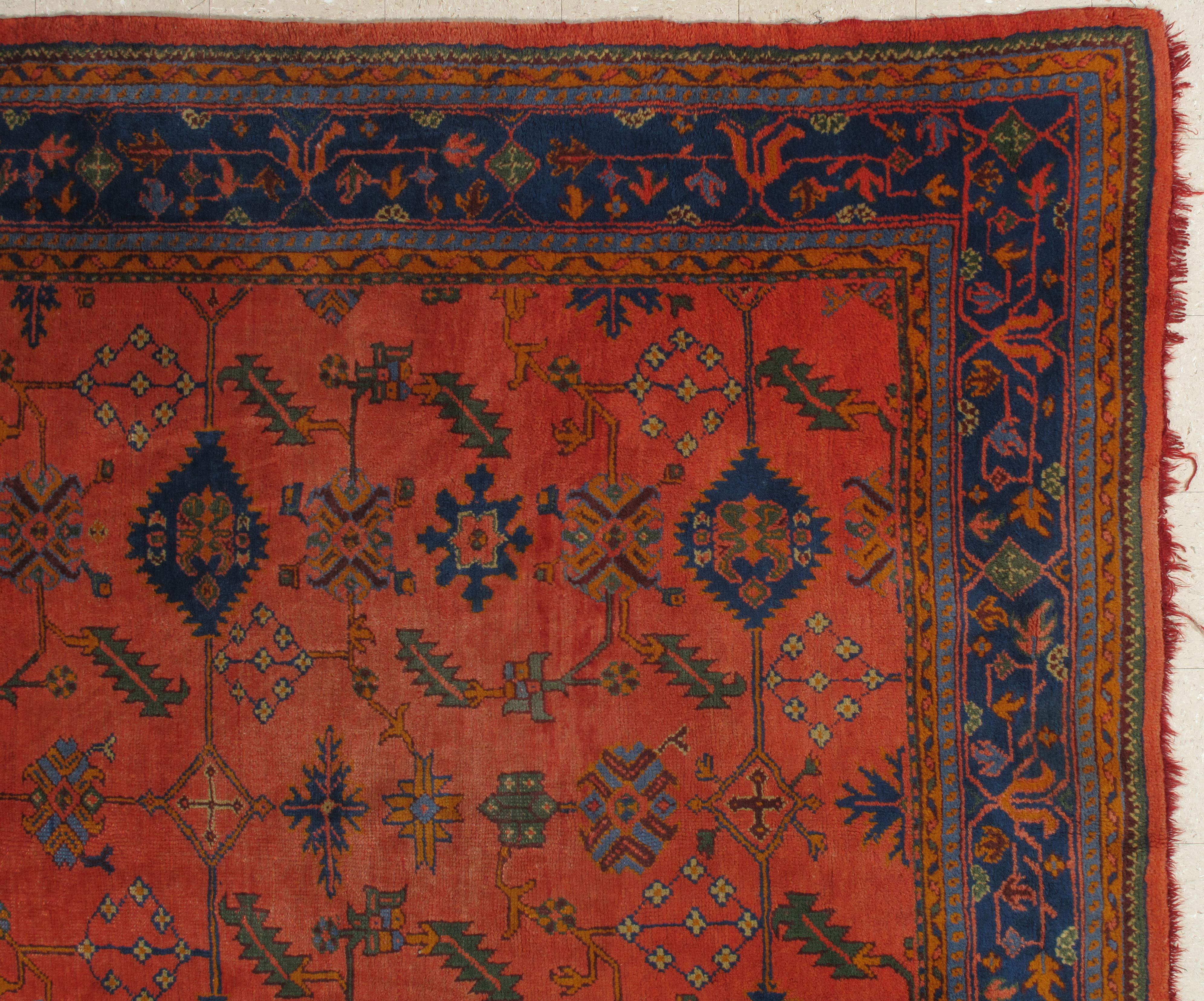 Turkish Antique Oushak Carpet, Oriental Rug, Handmade Rug Saffron, Royal Blue and Coral For Sale