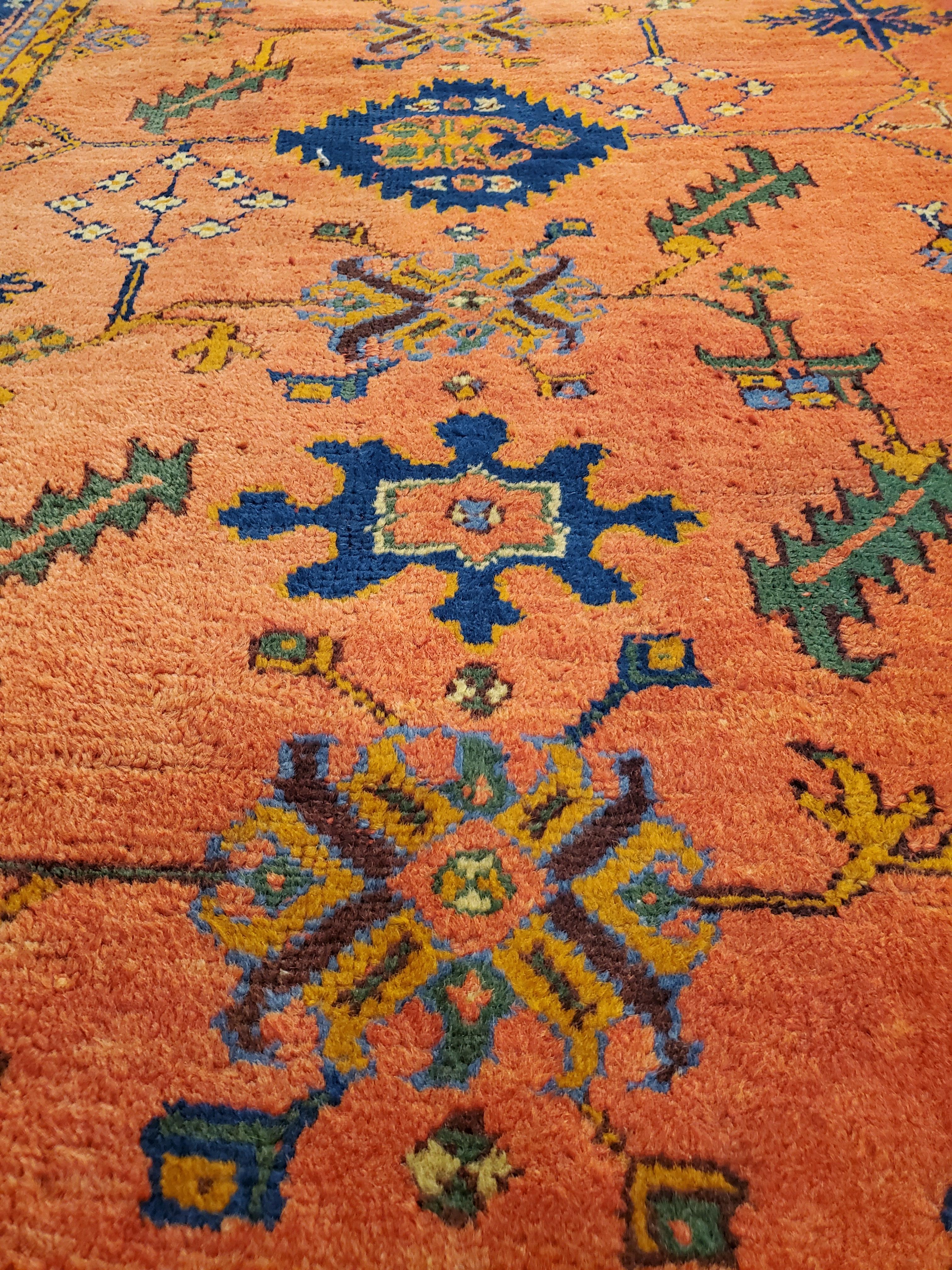 Hand-Knotted Antique Oushak Carpet, Oriental Rug, Handmade Rug Saffron, Royal Blue and Coral For Sale