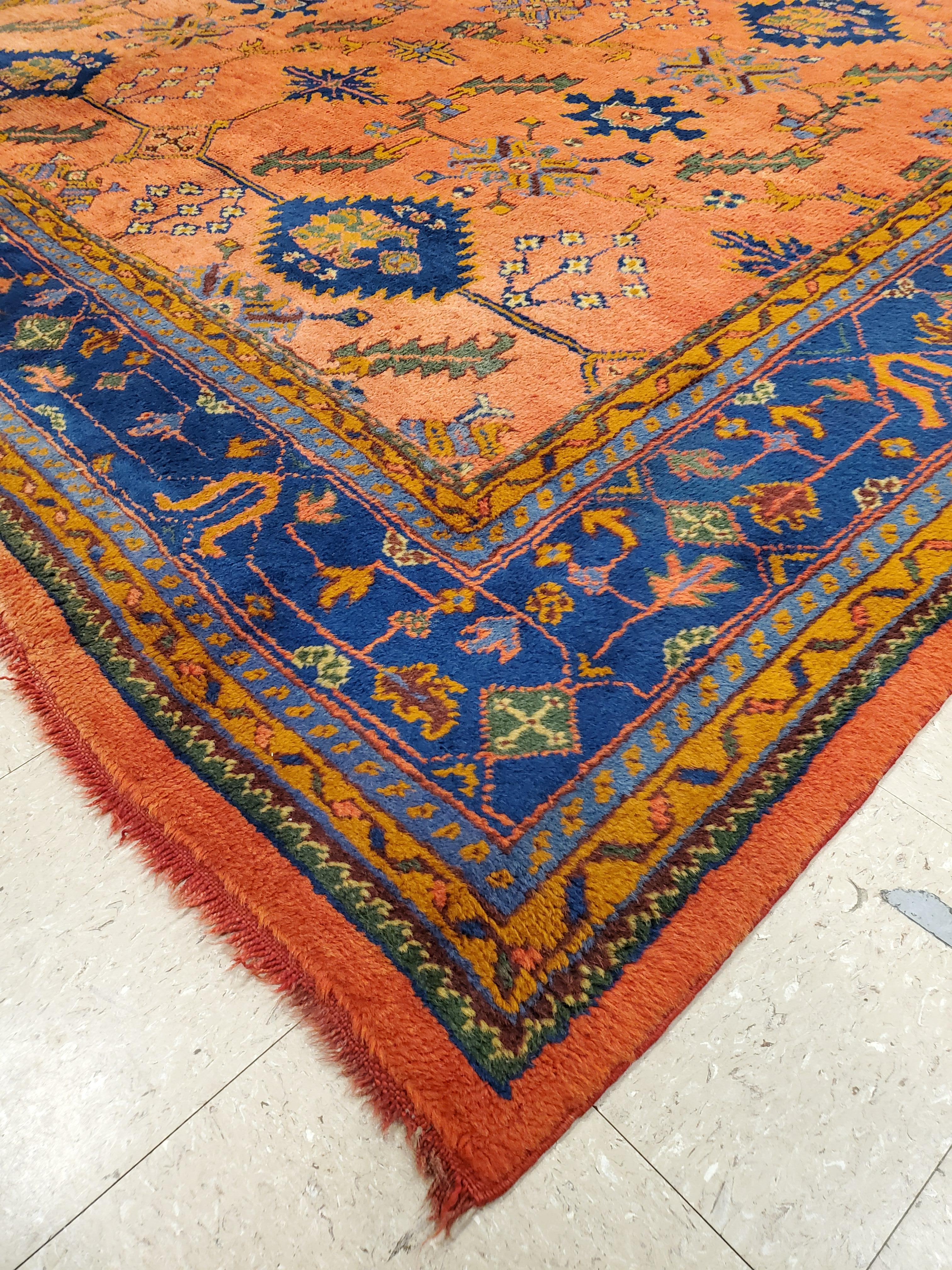 Antique Oushak Carpet, Oriental Rug, Handmade Rug Saffron, Royal Blue and Coral In Excellent Condition For Sale In Port Washington, NY