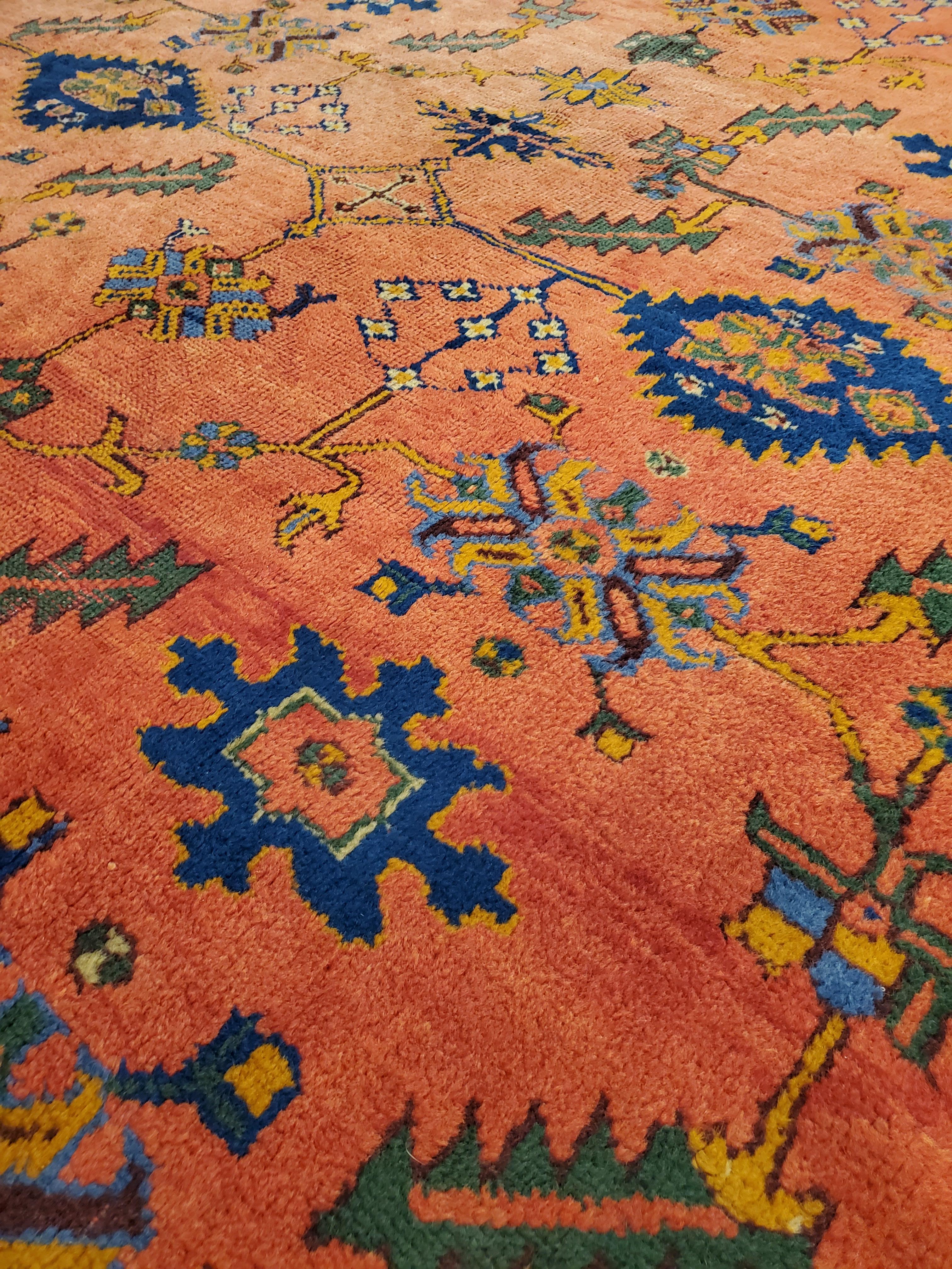 20th Century Antique Oushak Carpet, Oriental Rug, Handmade Rug Saffron, Royal Blue and Coral For Sale