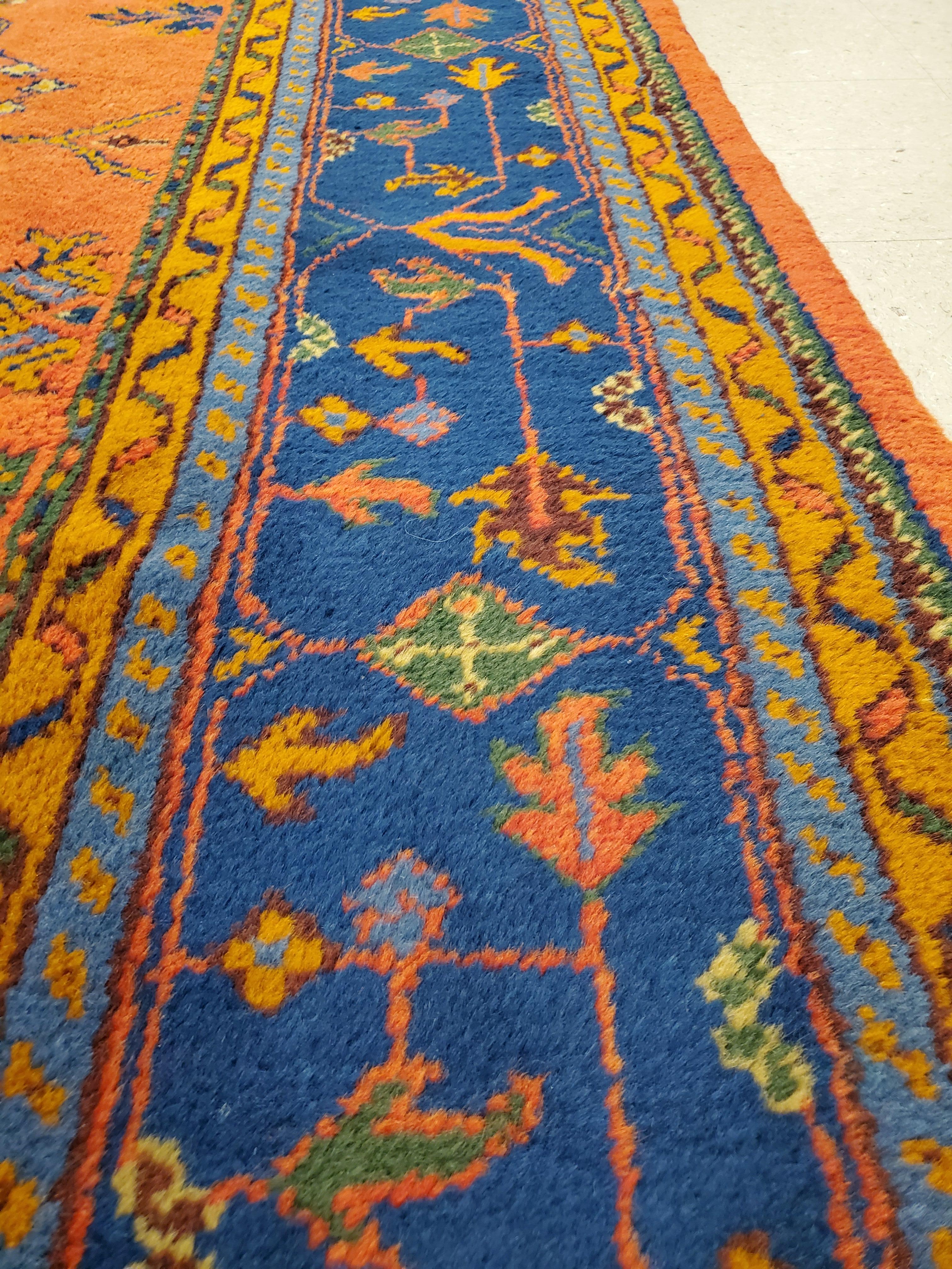Wool Antique Oushak Carpet, Oriental Rug, Handmade Rug Saffron, Royal Blue and Coral For Sale