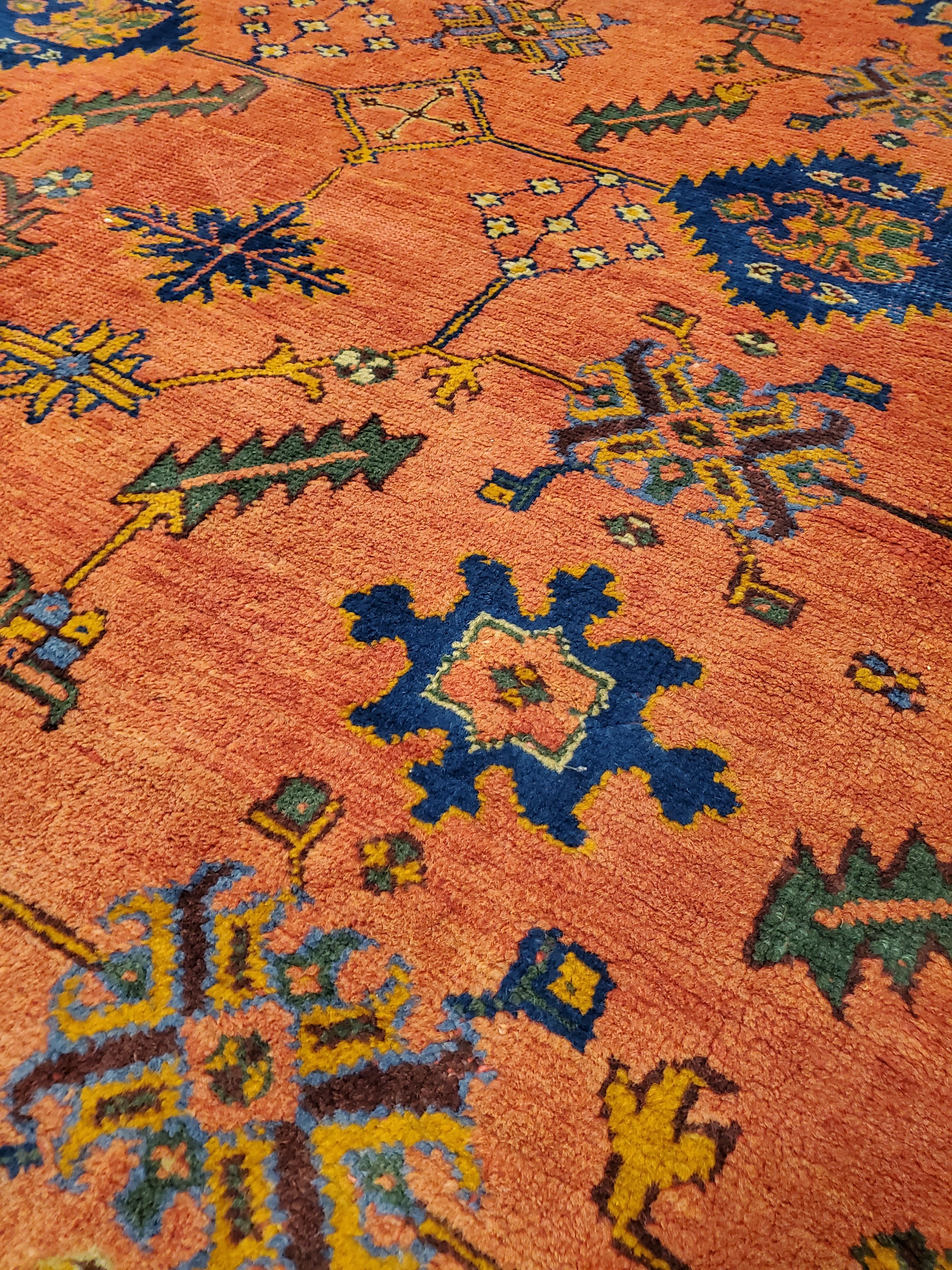 Antique Oushak Carpet, Oriental Rug, Handmade Rug Saffron, Royal Blue and Coral For Sale 1