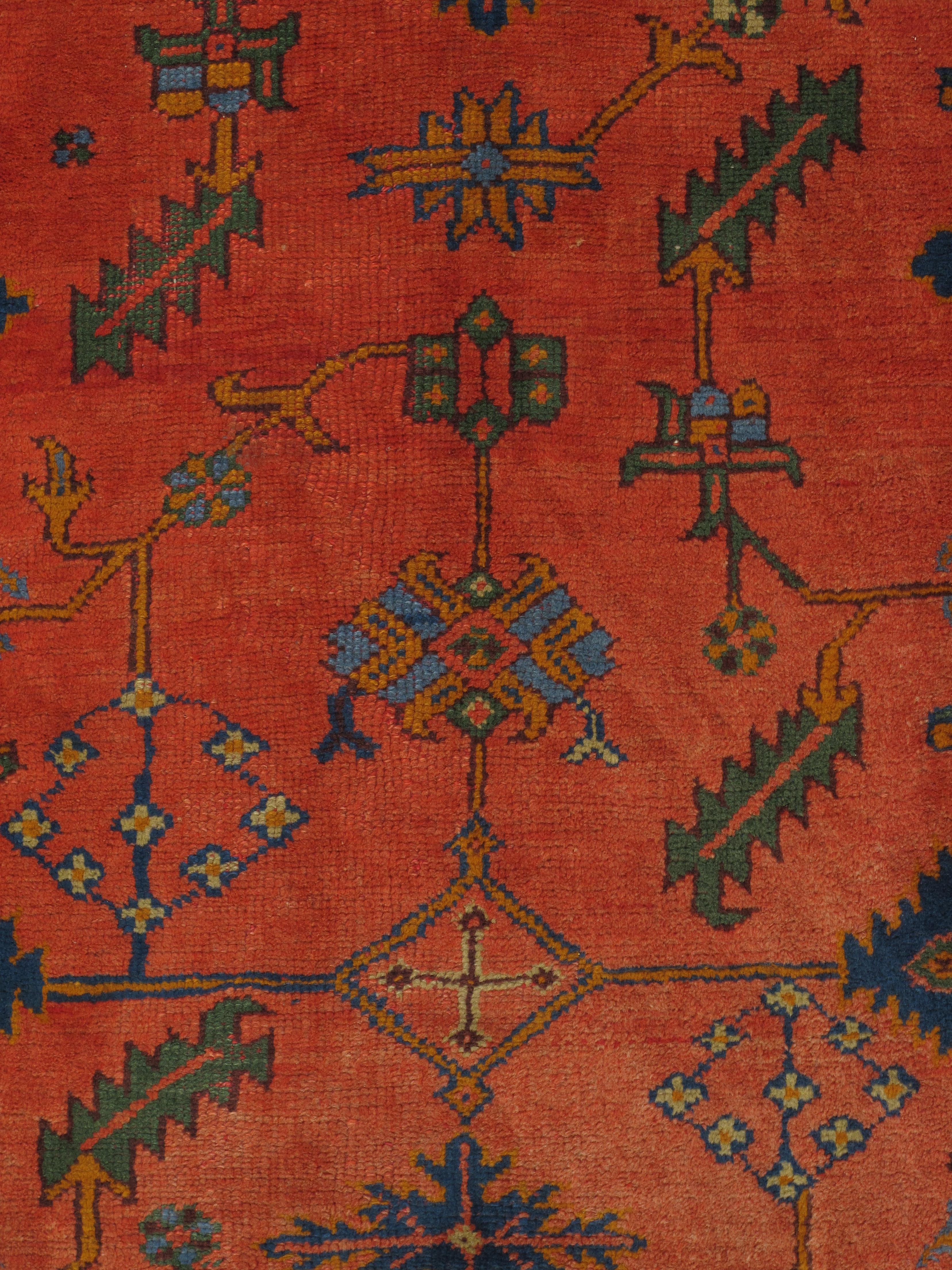Antique Oushak Carpet, Oriental Rug, Handmade Rug Saffron, Royal Blue and Coral For Sale 2