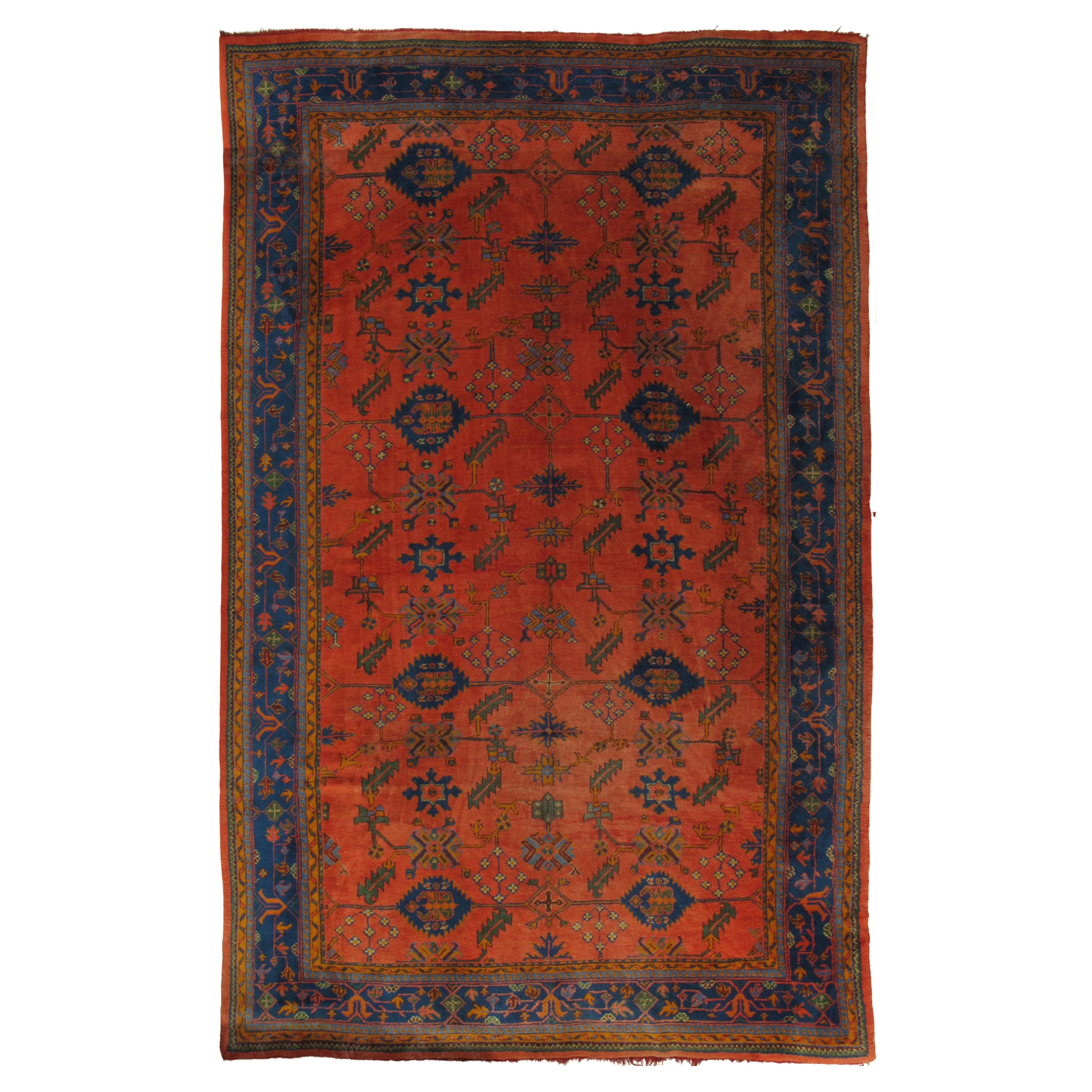 Antiker Oushak-Teppich, Orientteppich, handgefertigter Teppich, safranfarben, königsblau und Koralle