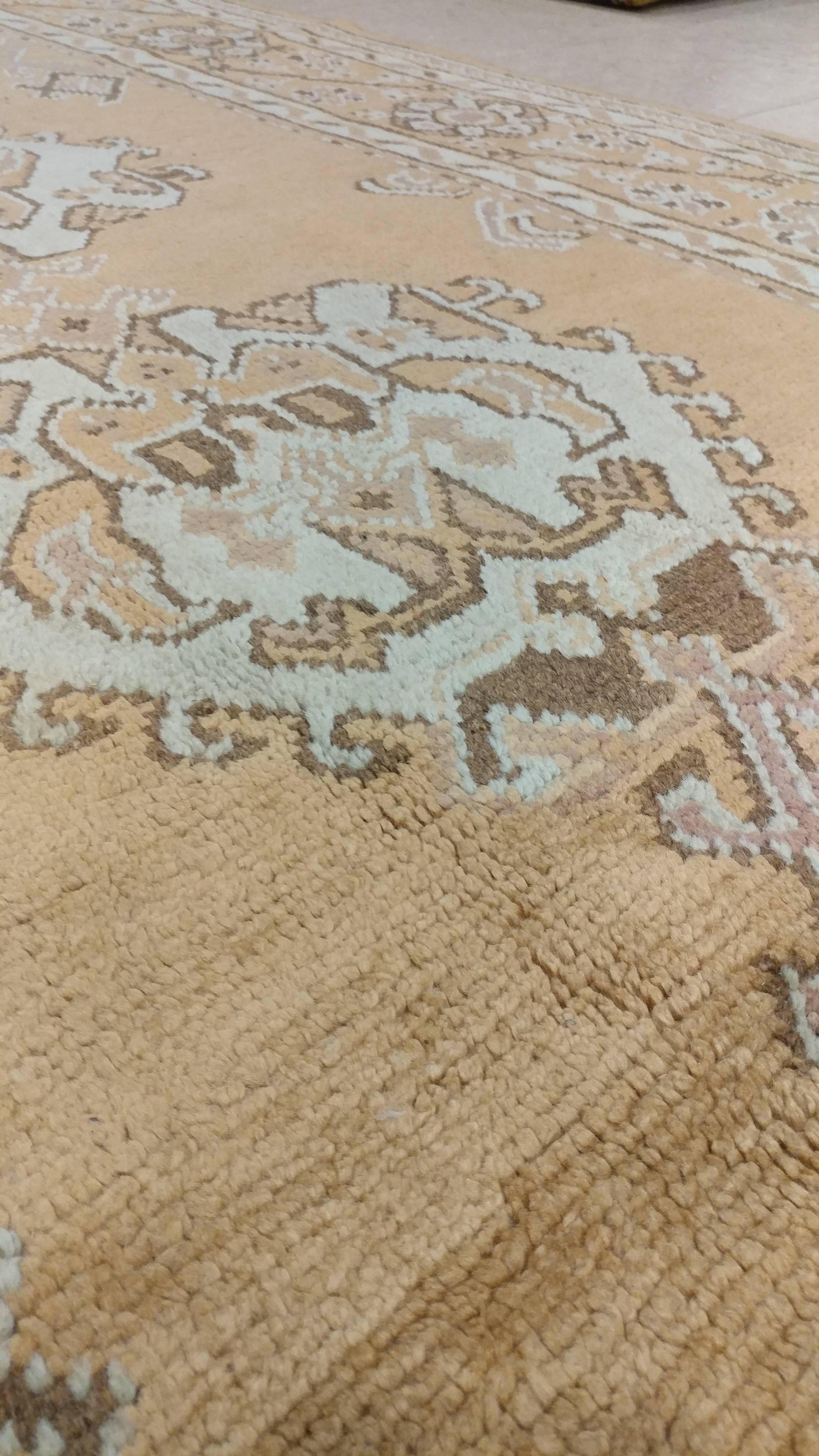 Lana Tappeto antico Oushak, Tappeto orientale, fatto a mano color taupe, blu ghiaccio e marrone in vendita