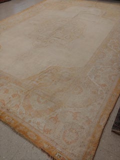 Antique Oushak Carpet, Oriental Rug, Handmade Warm Soft Ivory, Saffron, Shrimp