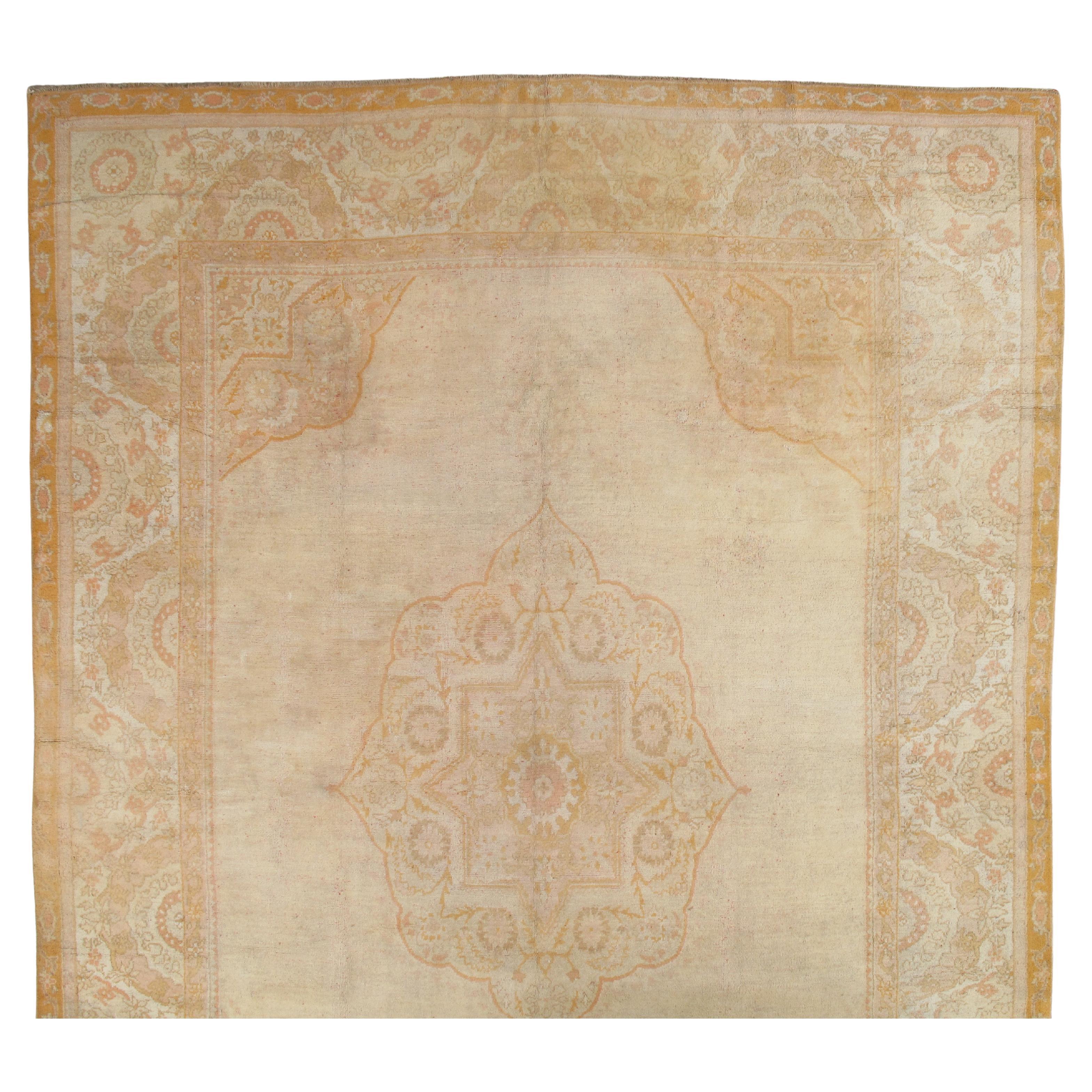 Antique Oushak Carpet, Oriental Rug, Handmade Warm Soft Ivory, Saffron, Shrimp