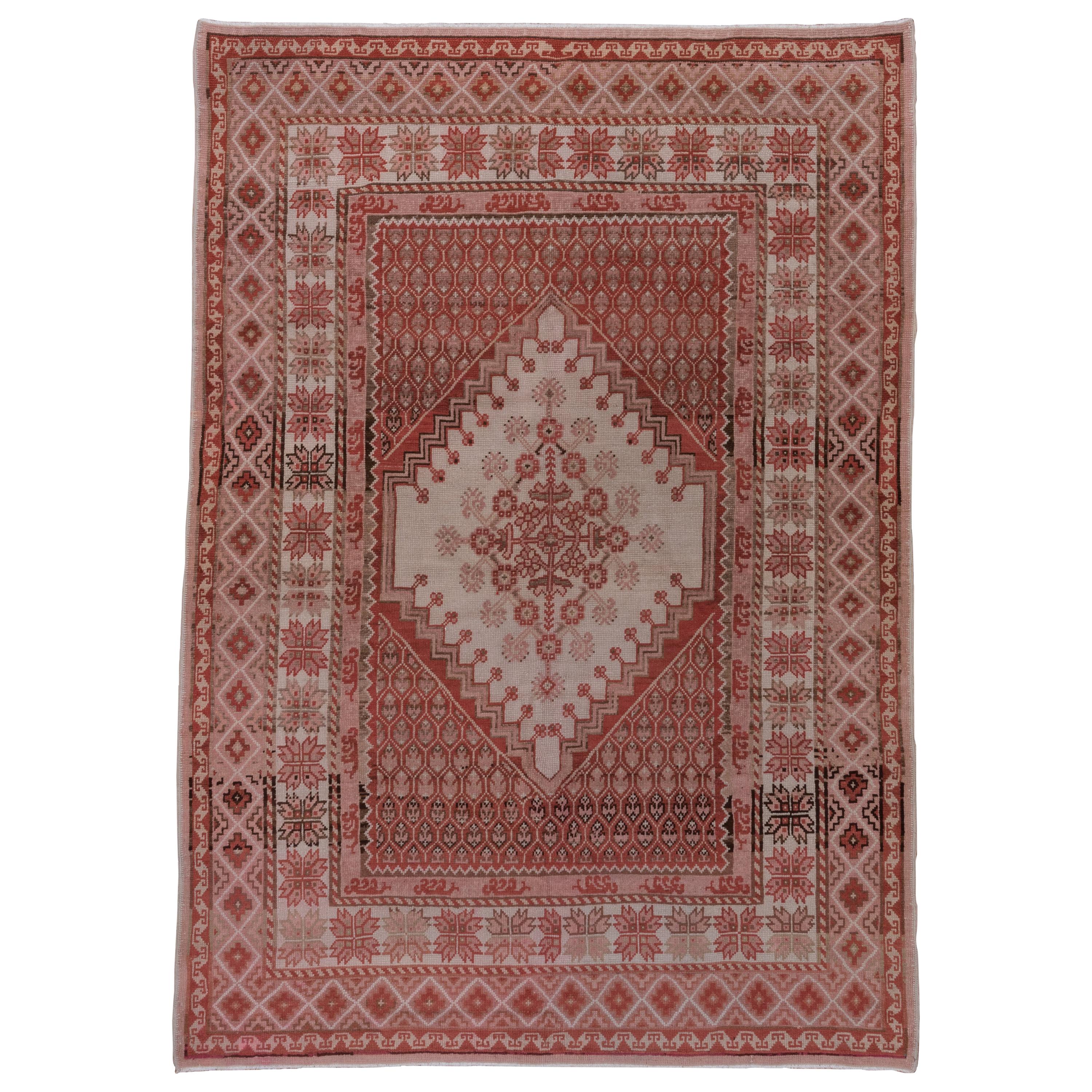 Antique Oushak Carpet, Pink, Red, Ivory, Brown, circa 1930s