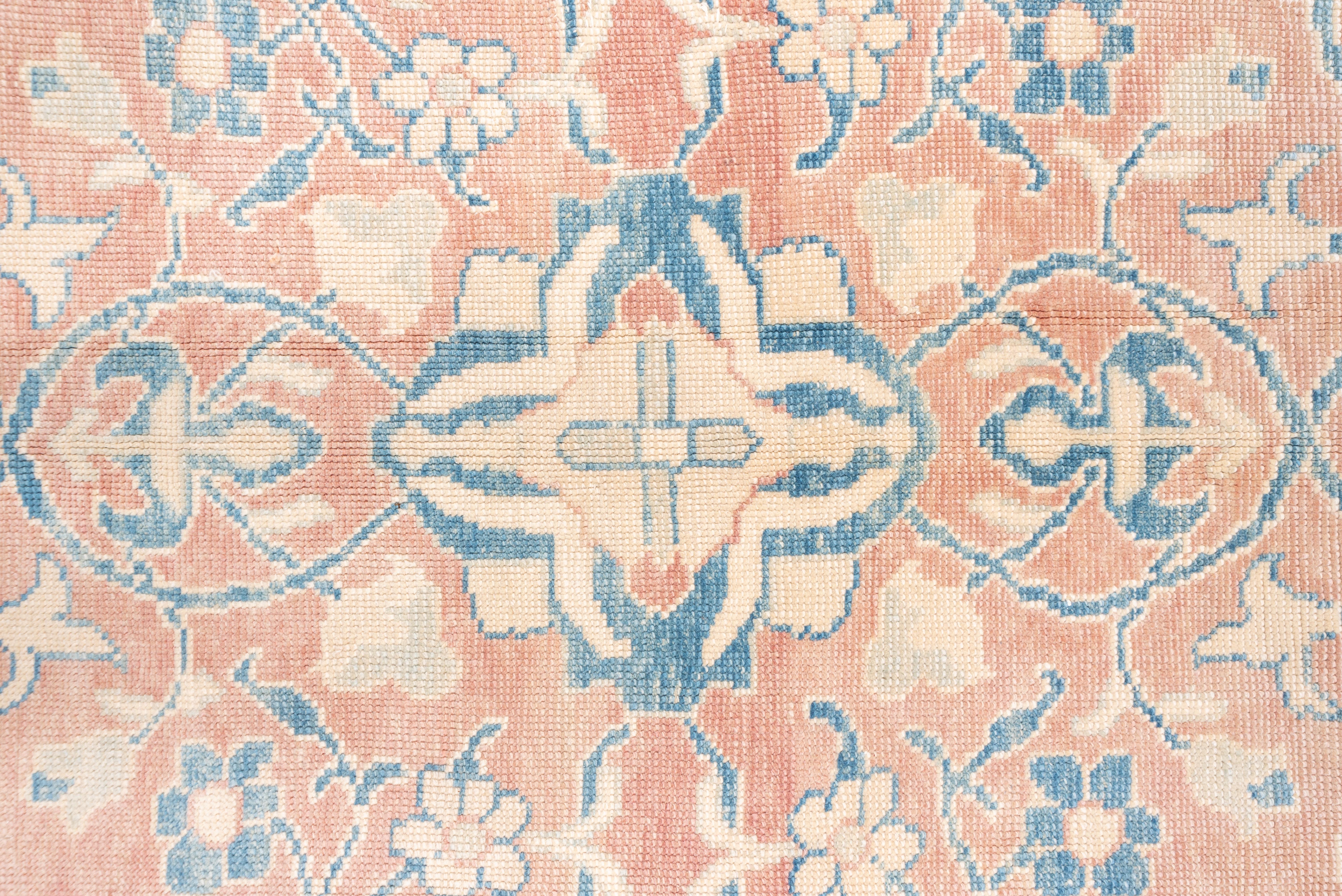 20th Century Antique Oushak Carpet, Salmon Field, Blue Borders For Sale