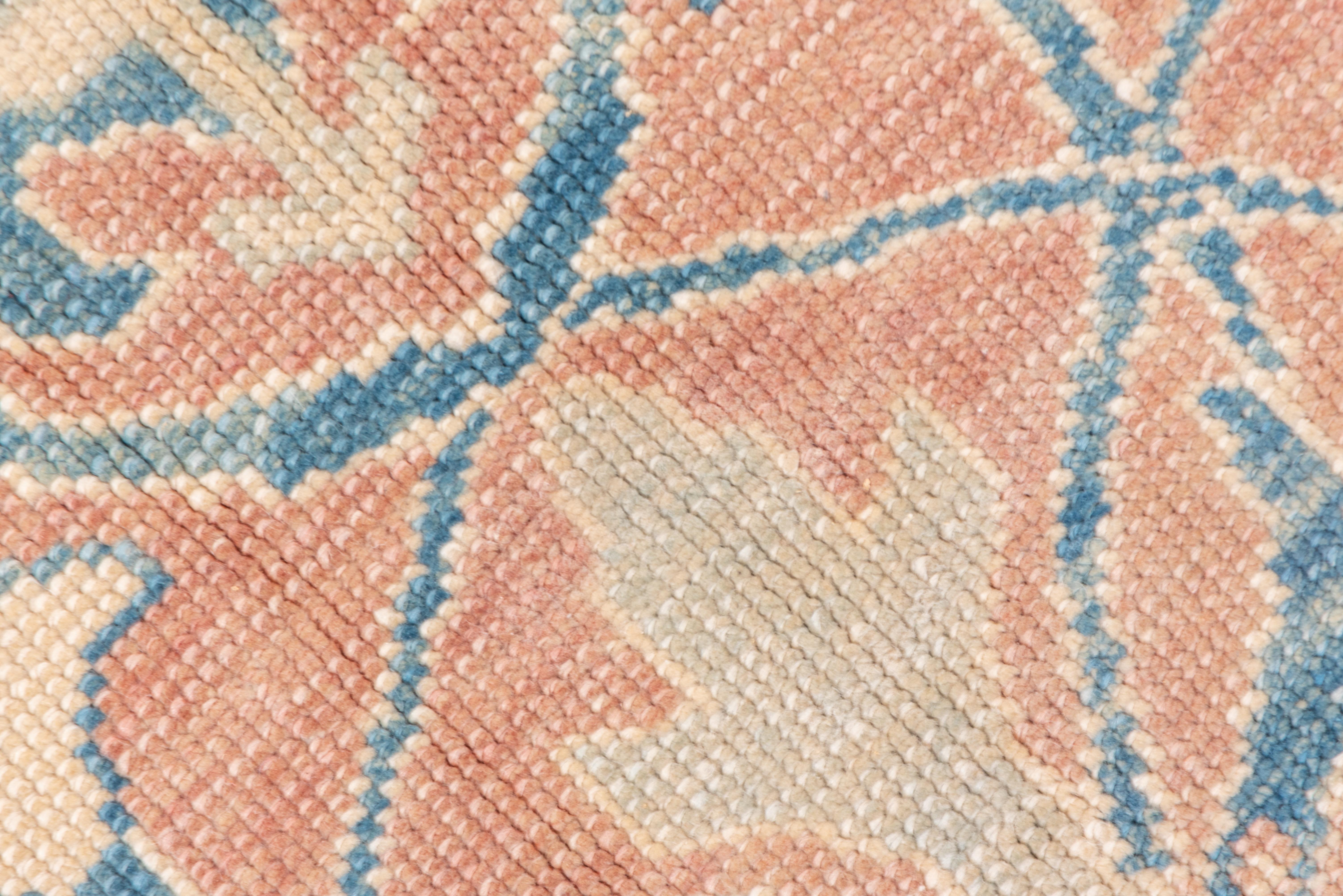Wool Antique Oushak Carpet, Salmon Field, Blue Borders For Sale