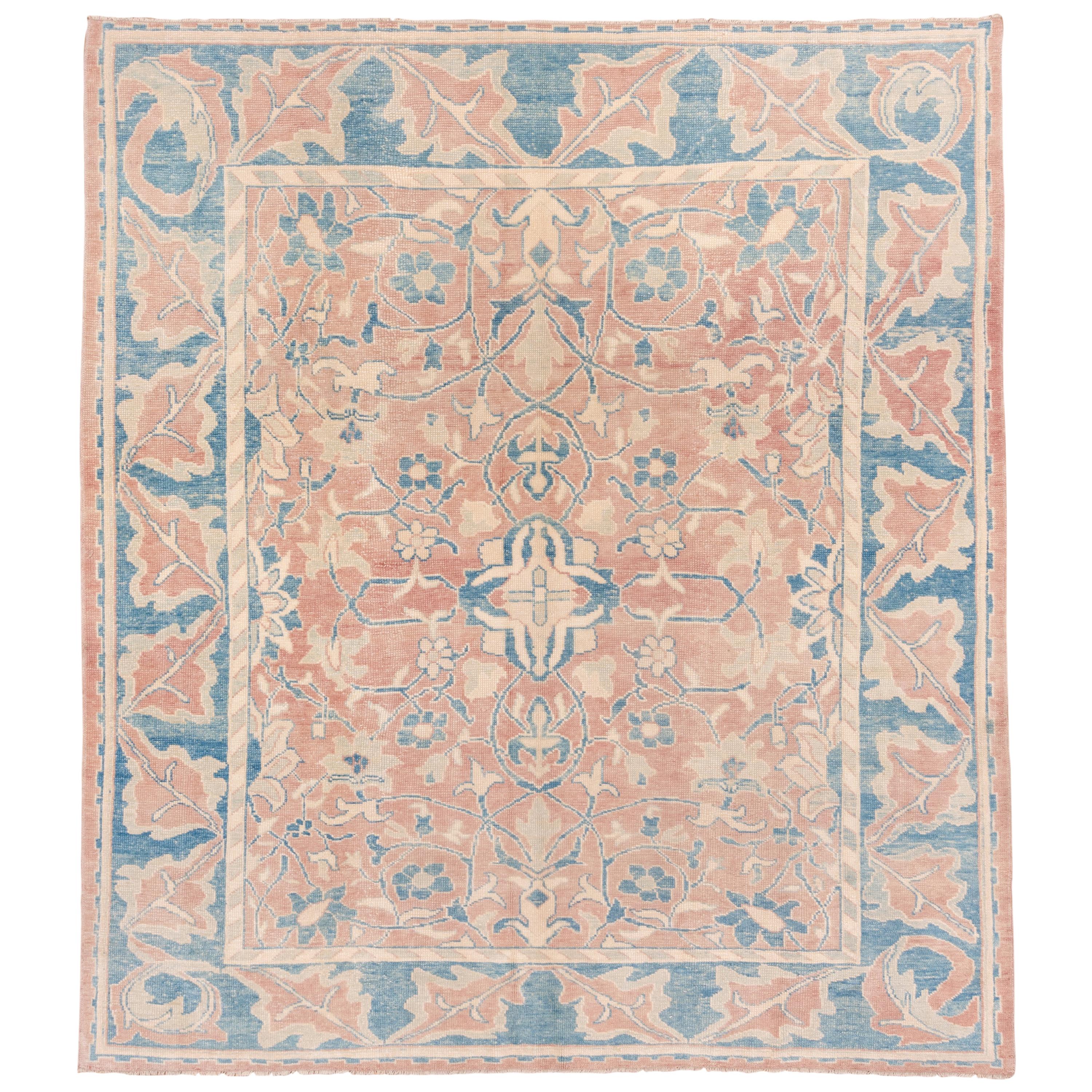 Antique Oushak Carpet, Salmon Field, Blue Borders For Sale