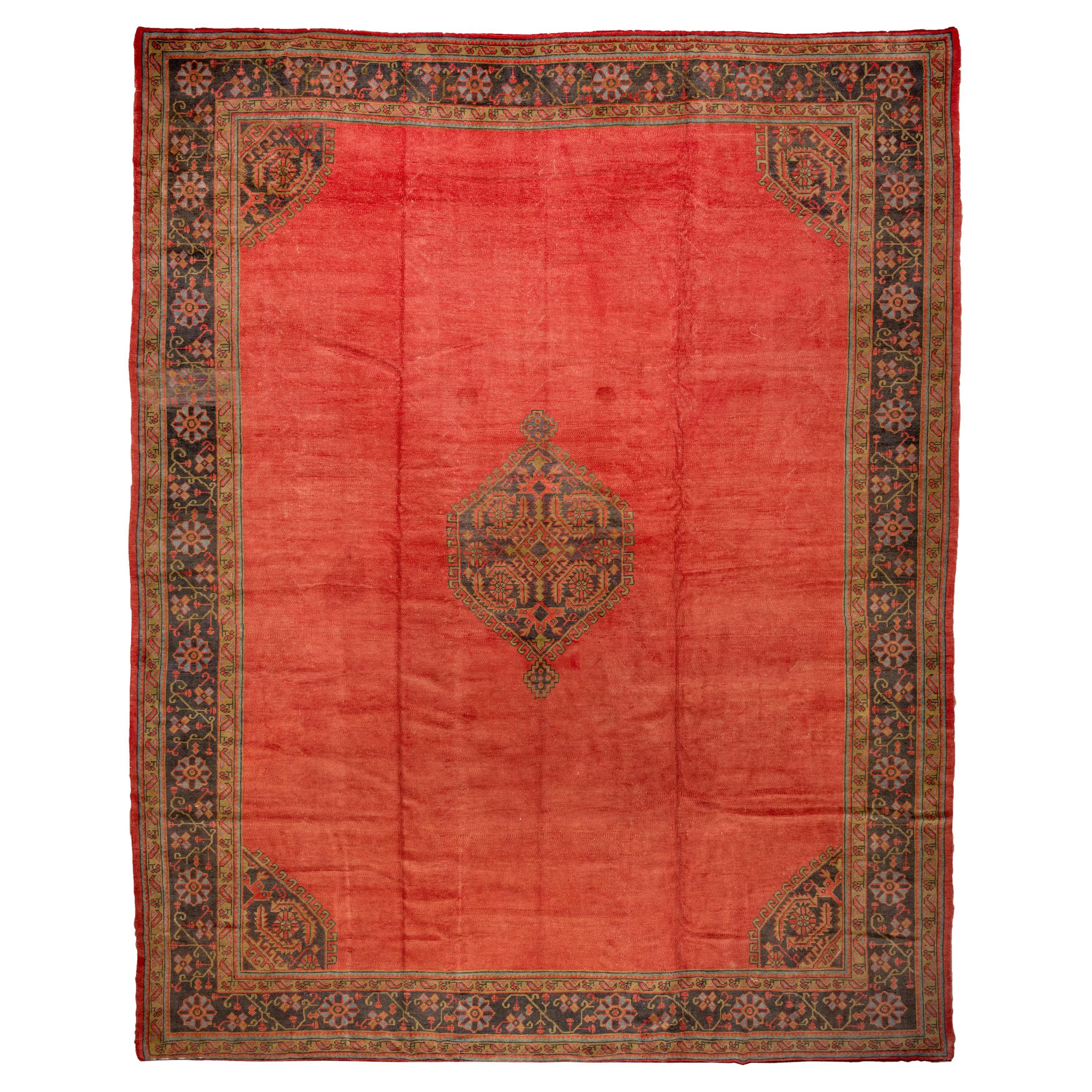 Antique Oushak Carpet, Salmon Field, circa 1900 For Sale