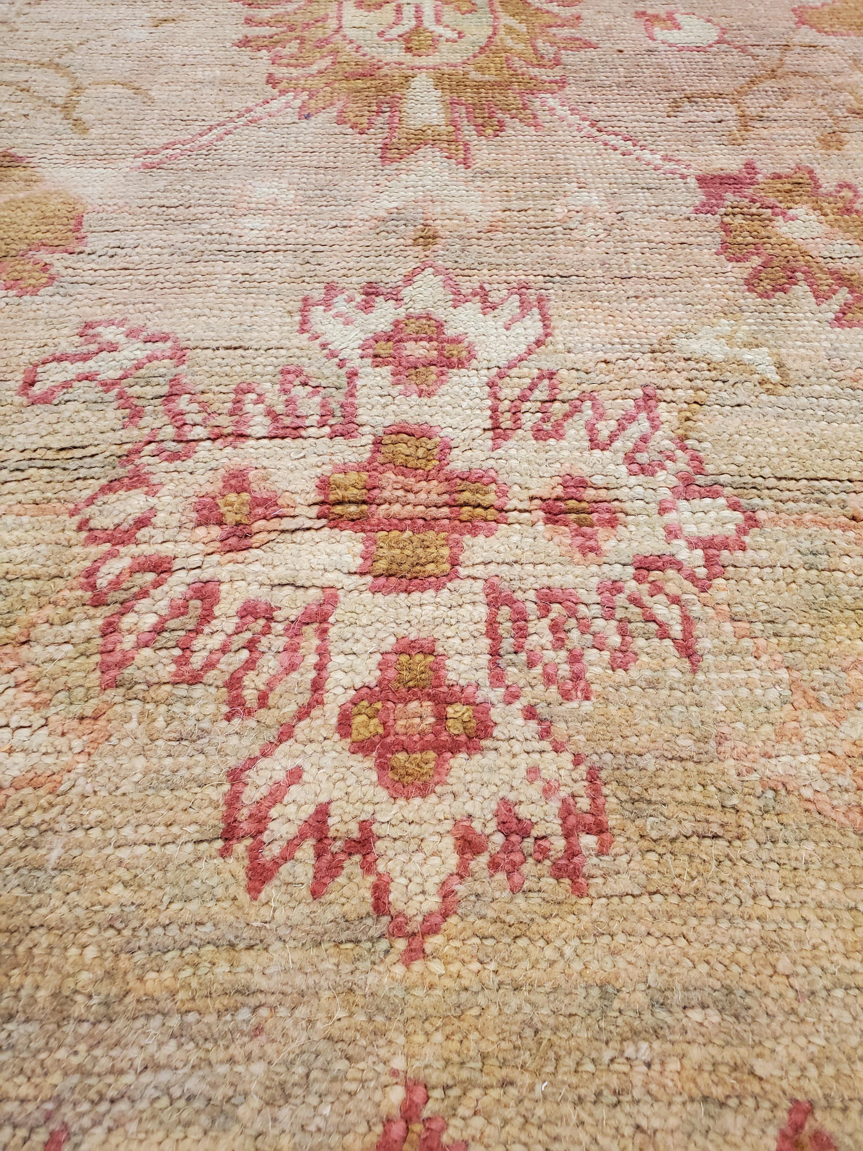 Antiker antiker Oushak-Teppich, türkische Teppiche, handgefertigte orientalische Teppiche, rosa und elfenbeinfarbener feiner Teppich im Angebot 3