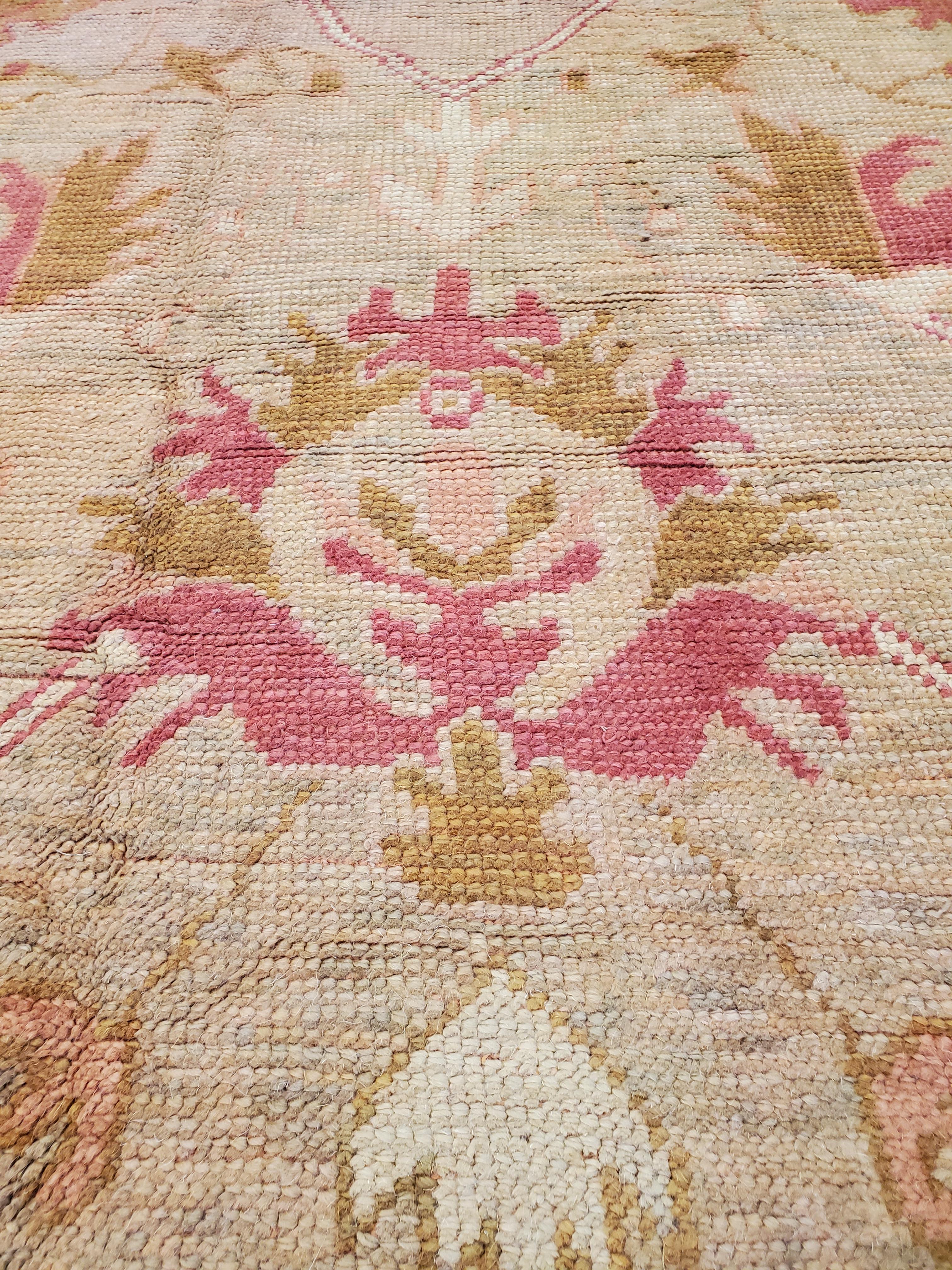 Antique Oushak Carpet, Turkish Rugs, Handmade Oriental Rugs, Pink Ivory Fine Rug For Sale 5