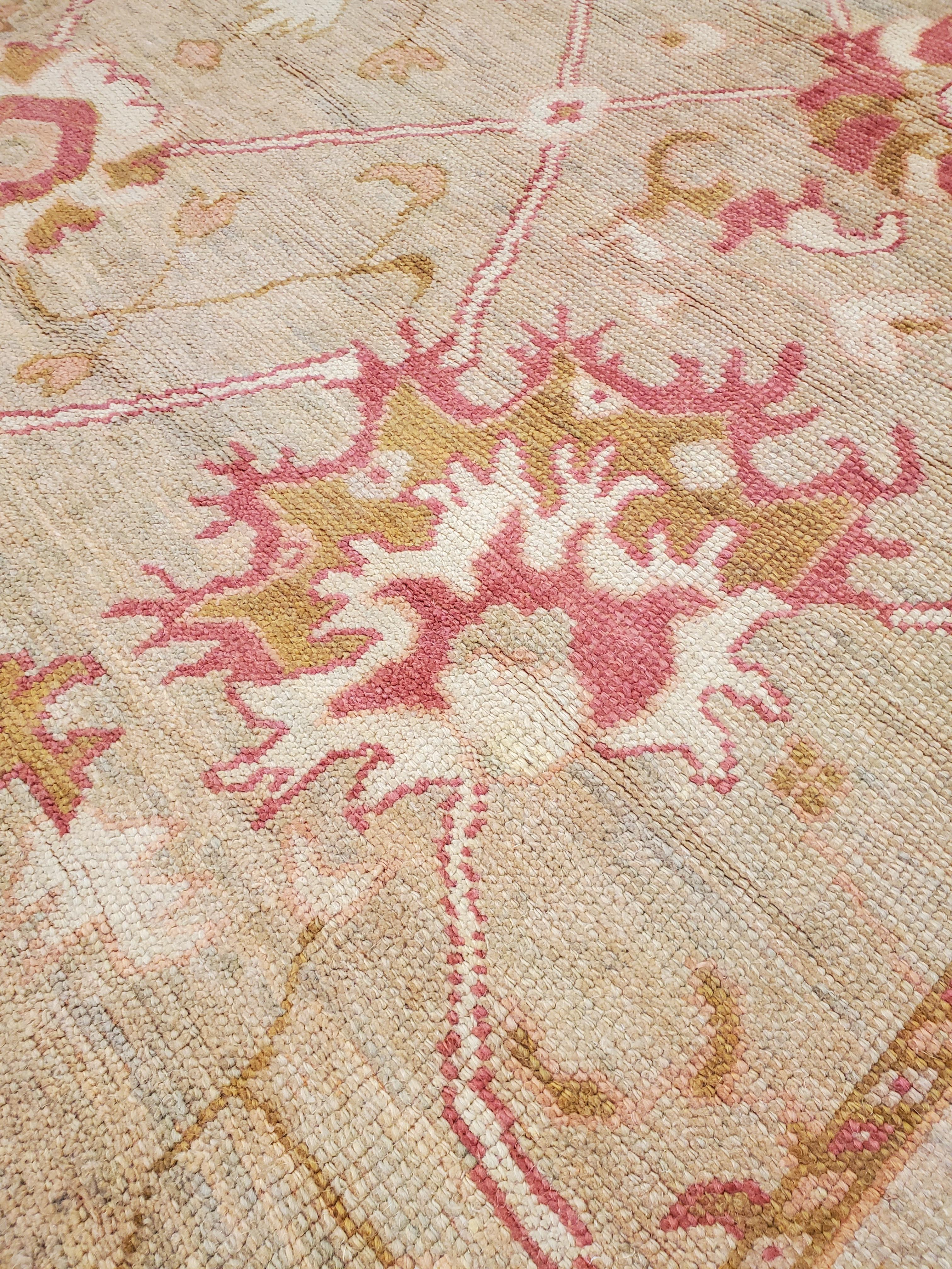 Antique Oushak Carpet, Turkish Rugs, Handmade Oriental Rugs, Pink Ivory Fine Rug For Sale 7
