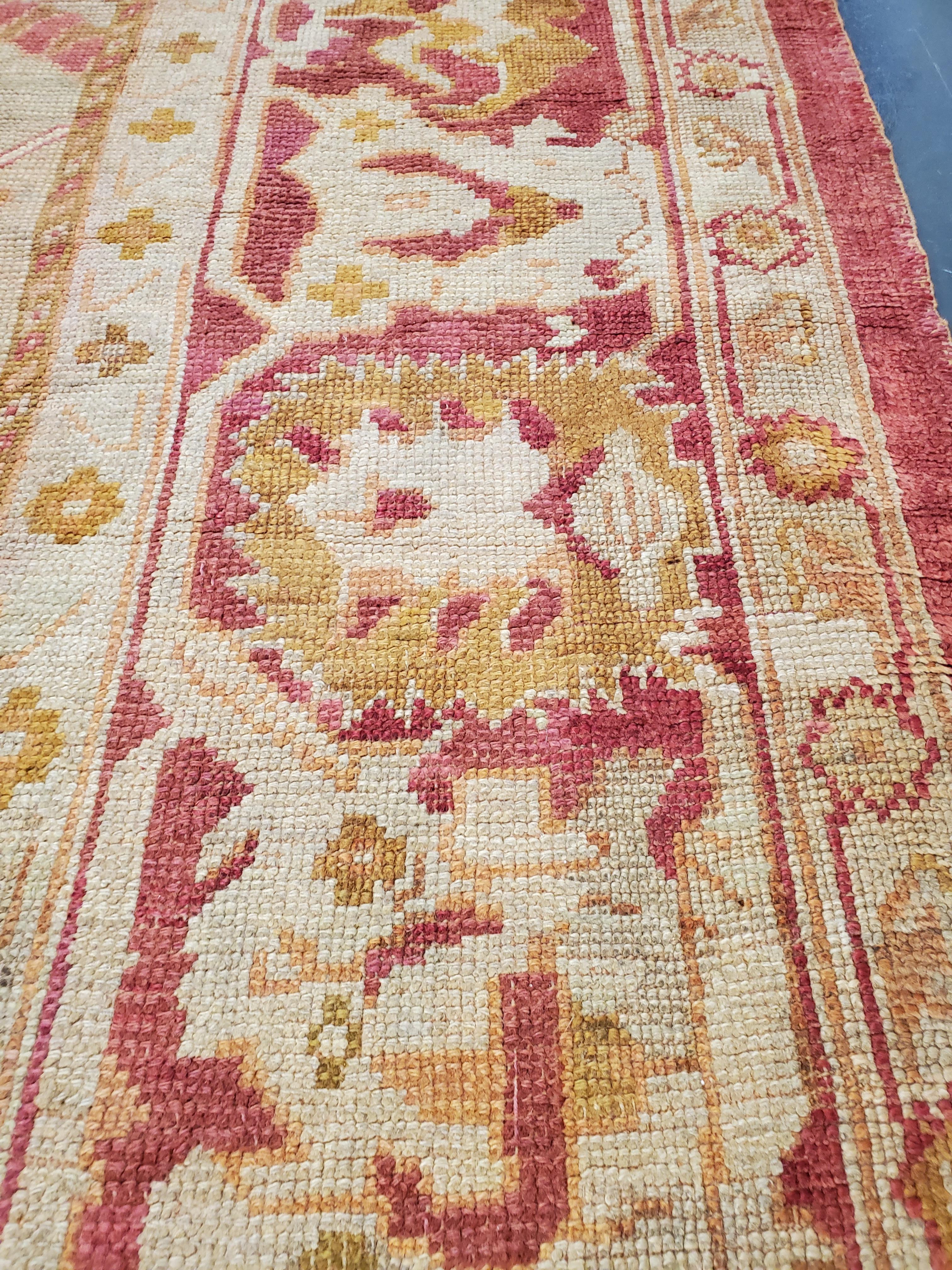 Antique Oushak Carpet, Turkish Rugs, Handmade Oriental Rugs, Pink Ivory Fine Rug For Sale 8