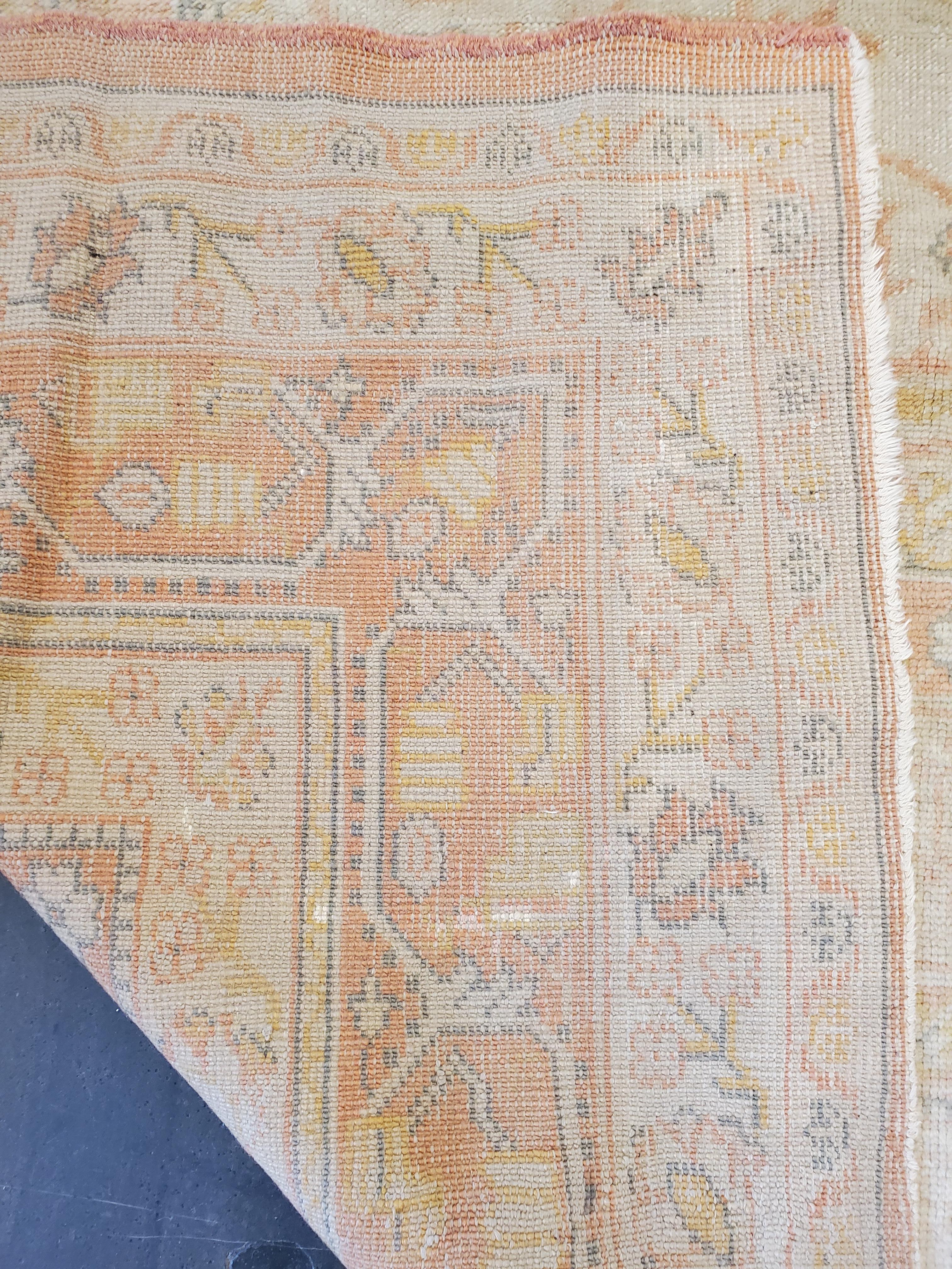 Antique Oushak Carpet, Turkish Rugs, Handmade Oriental Rugs, Pink Ivory Fine Rug For Sale 2