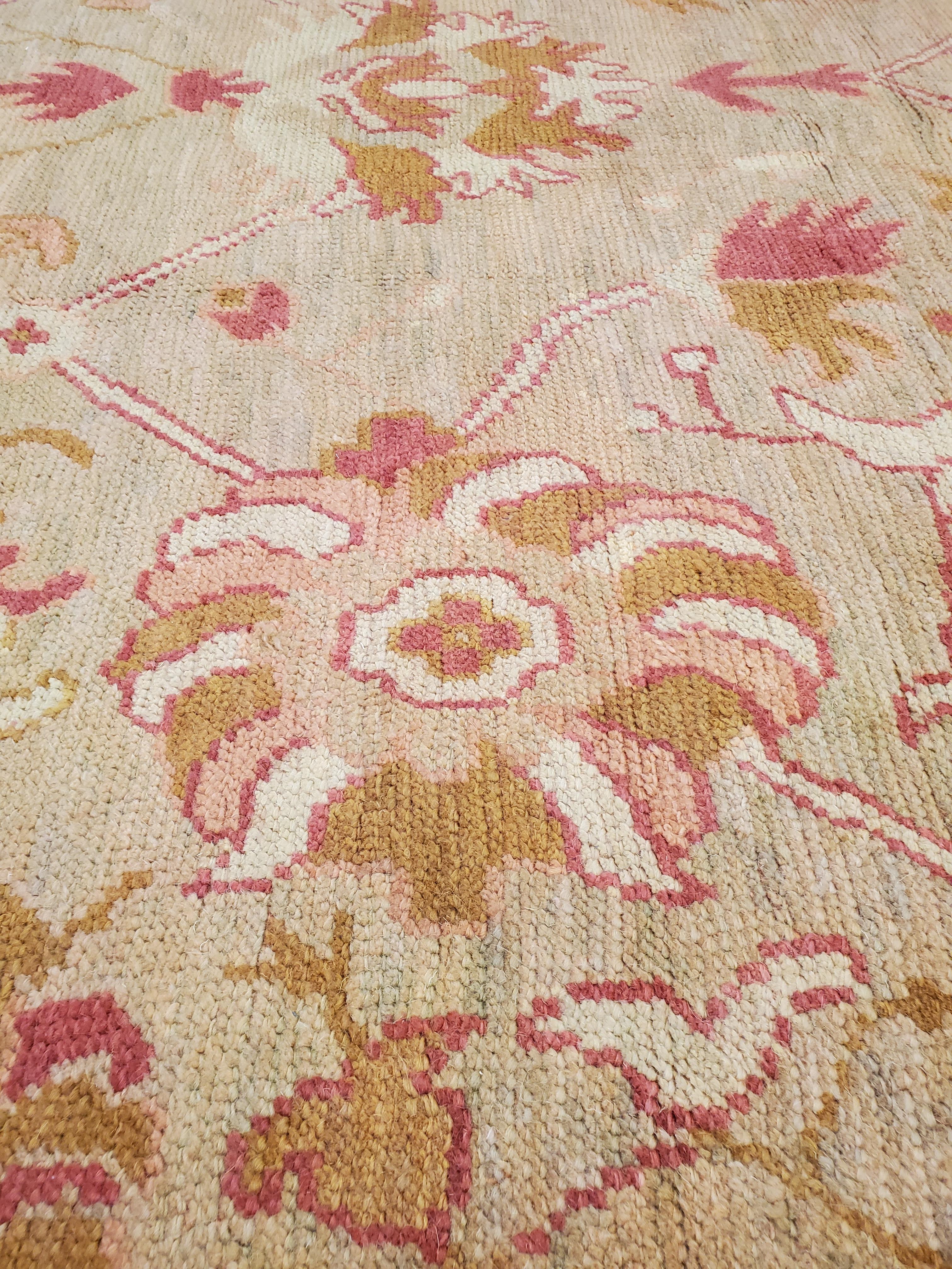 Antiker antiker Oushak-Teppich, türkische Teppiche, handgefertigte orientalische Teppiche, rosa und elfenbeinfarbener feiner Teppich im Angebot 2
