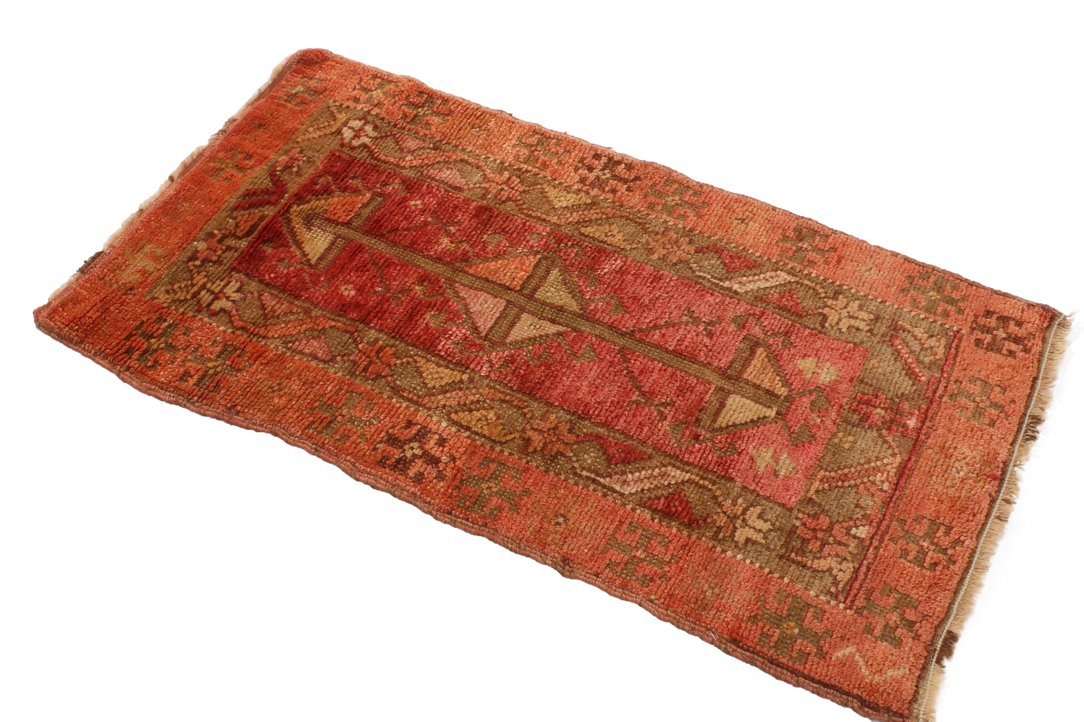 Turkish Antique Oushak Geometric Orange Pink Wool Rug