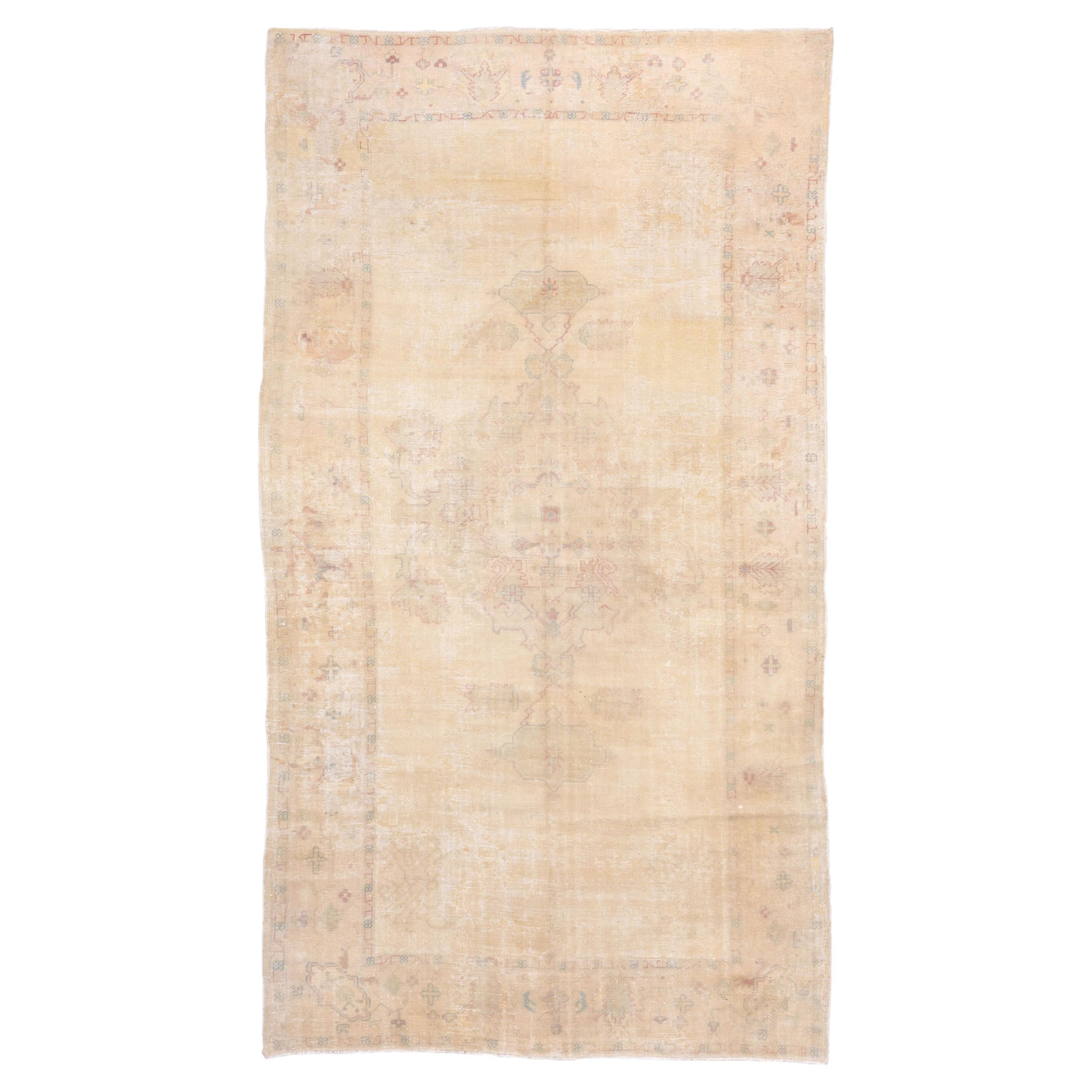 Antique Oushak in Golden Beige Wash For Sale
