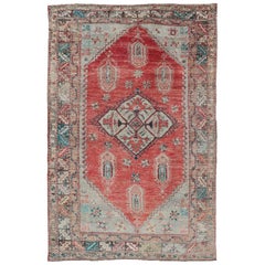 Oushak antico nei colori ruggine, verde, azzurro, taupe, marrone, verde acqua e argento