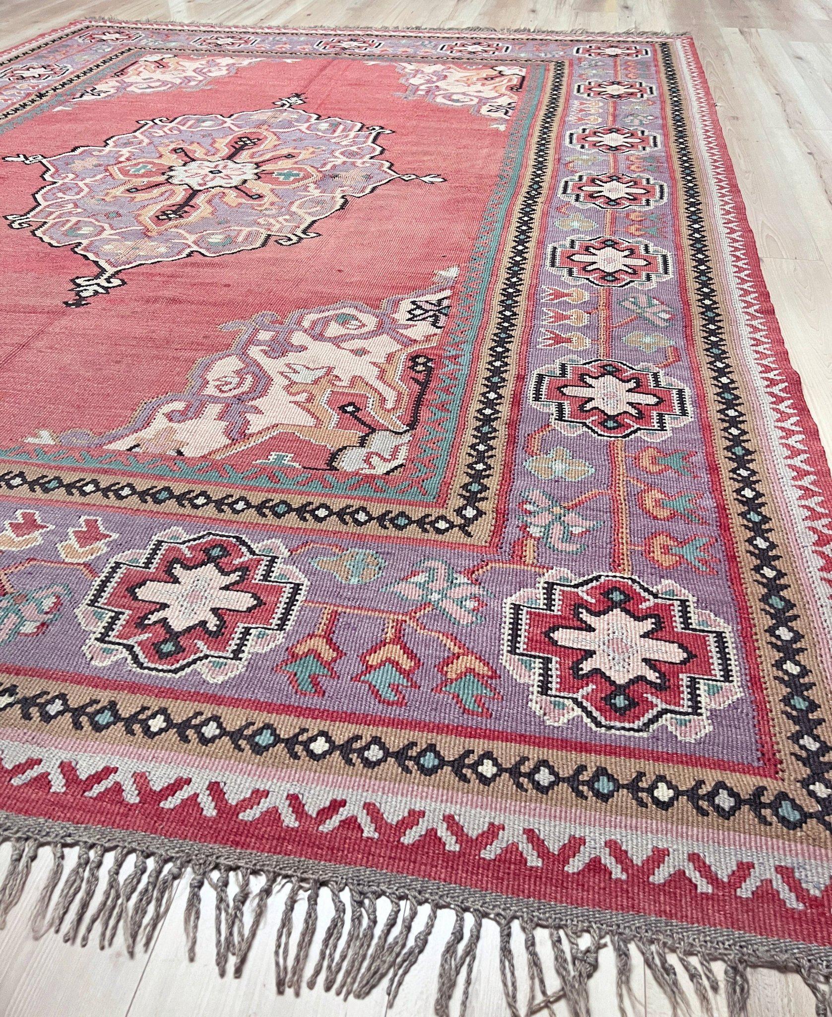 Milieu du XXe siècle Kilim Oushak ancien • Tapis turc en laine tissée à plat • 8′3″×10′10″ • Anatolie des années 1930 en vente