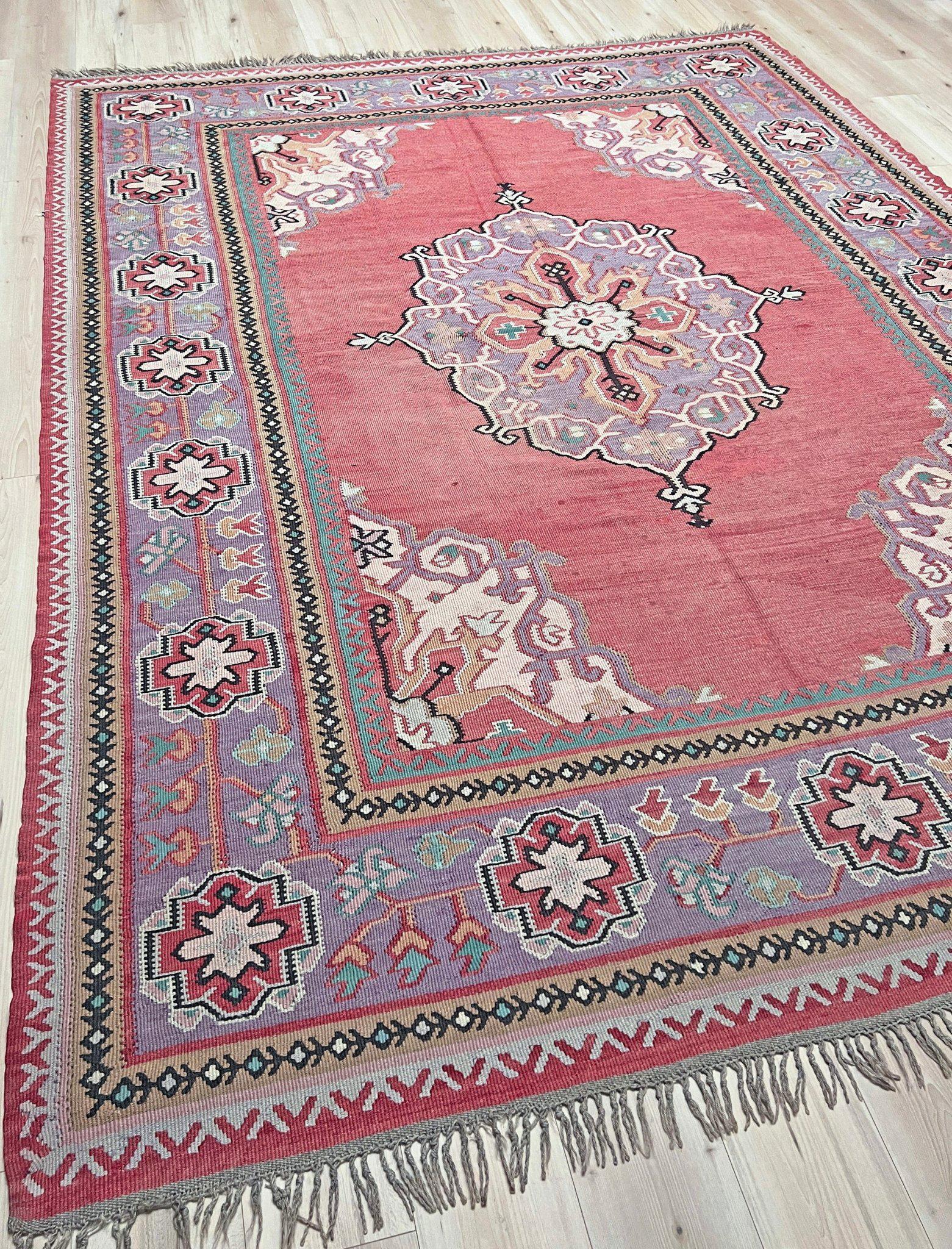 Tissé à la main Kilim Oushak ancien • Tapis turc en laine tissée à plat • 8′3″×10′10″ • Anatolie des années 1930 en vente