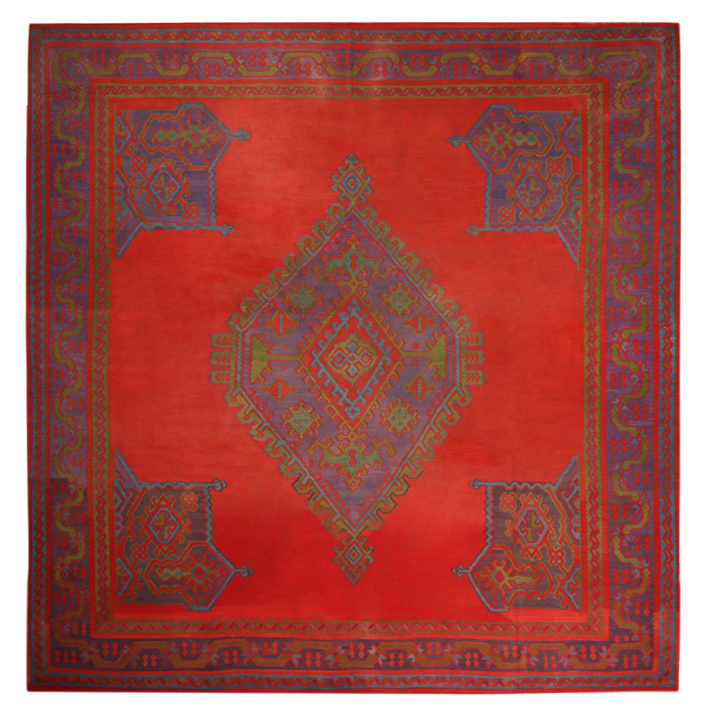 Antique Oushak Kilim Square Rug in Red and Indigo with Medallion  Rug & Kilim