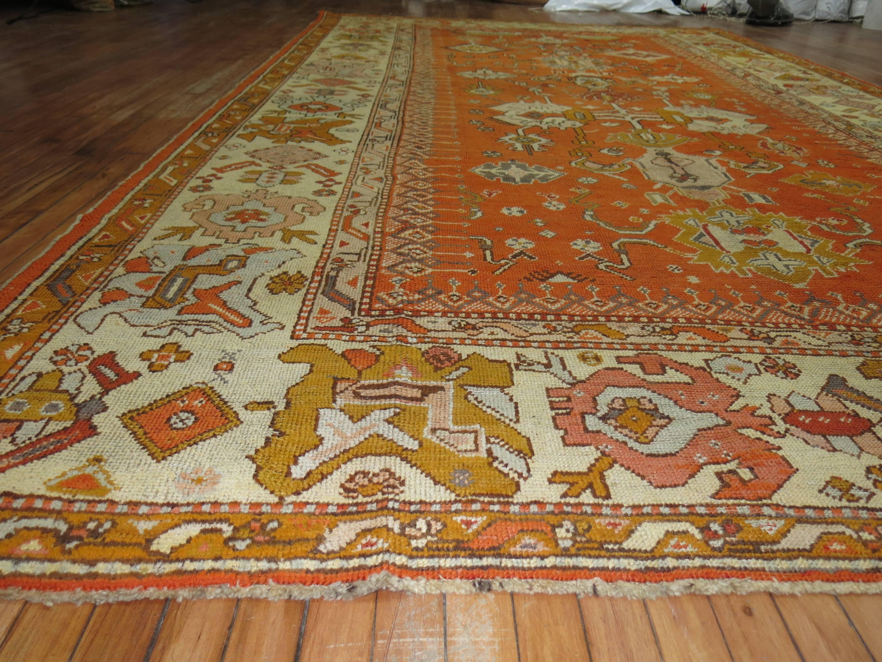 Antique Oushak Orange Rug In Excellent Condition For Sale In New York, NY