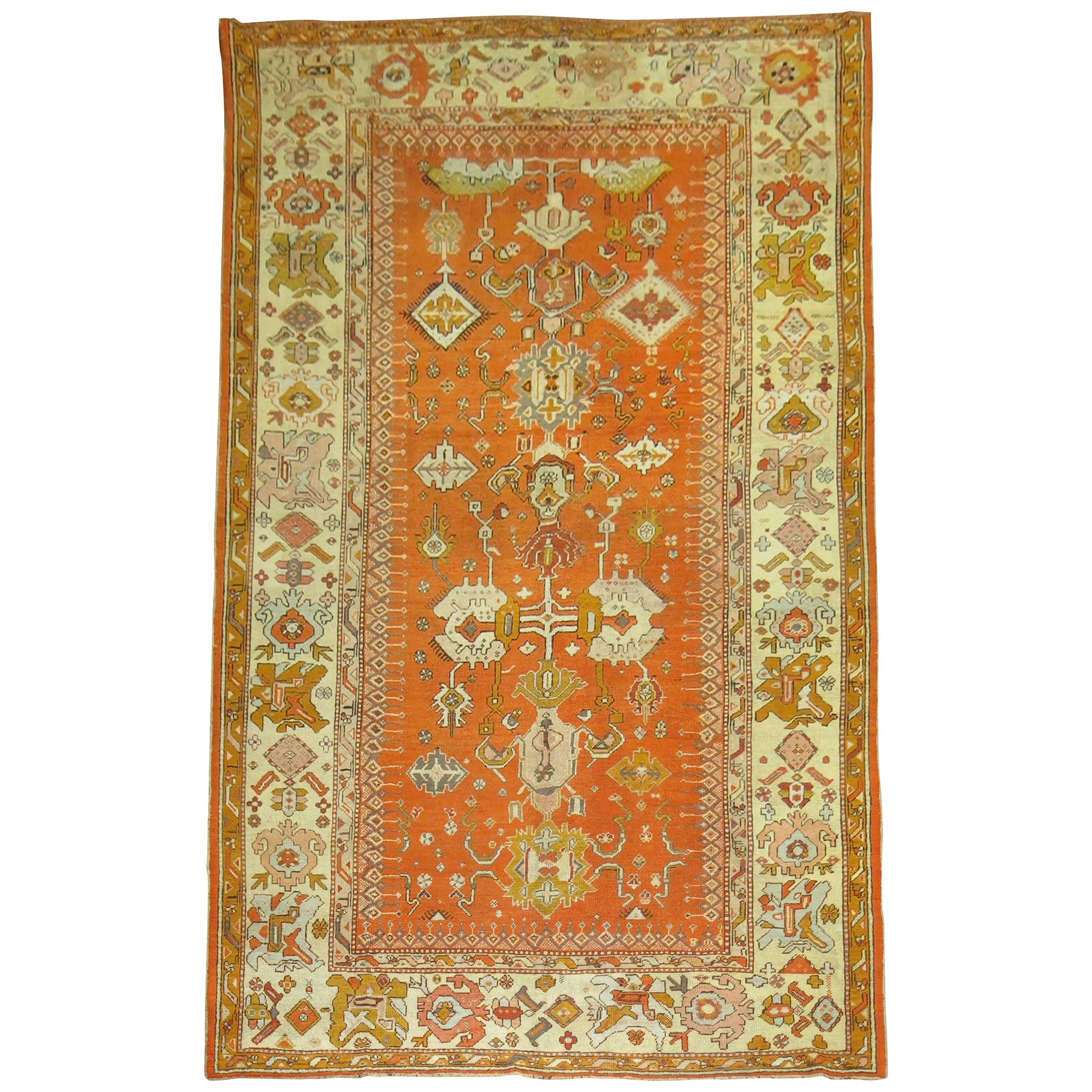 Antique Oushak Orange Rug For Sale