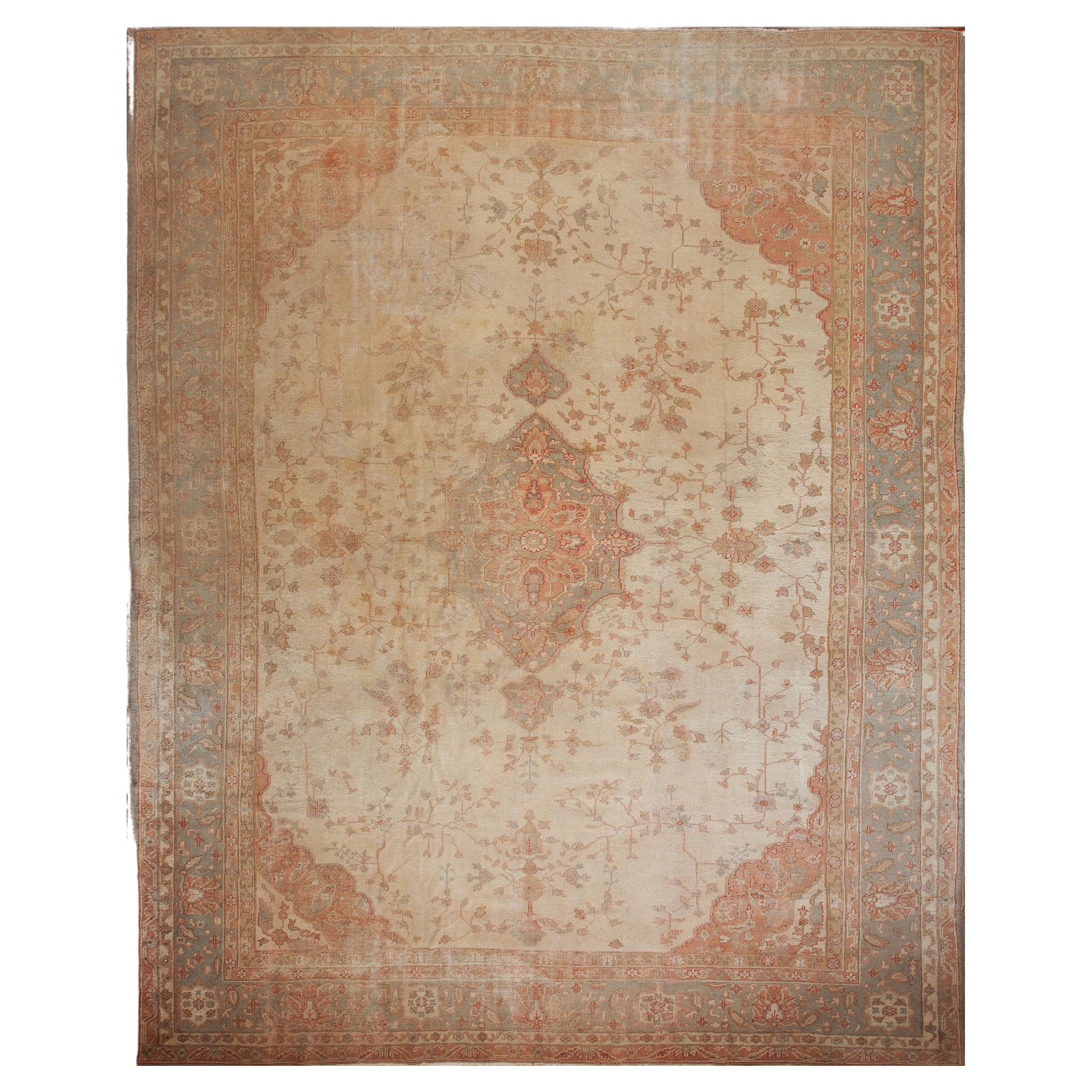 Antique Oushak Runner, Turkish and Oriental Rug, Handmade Beige Rug For