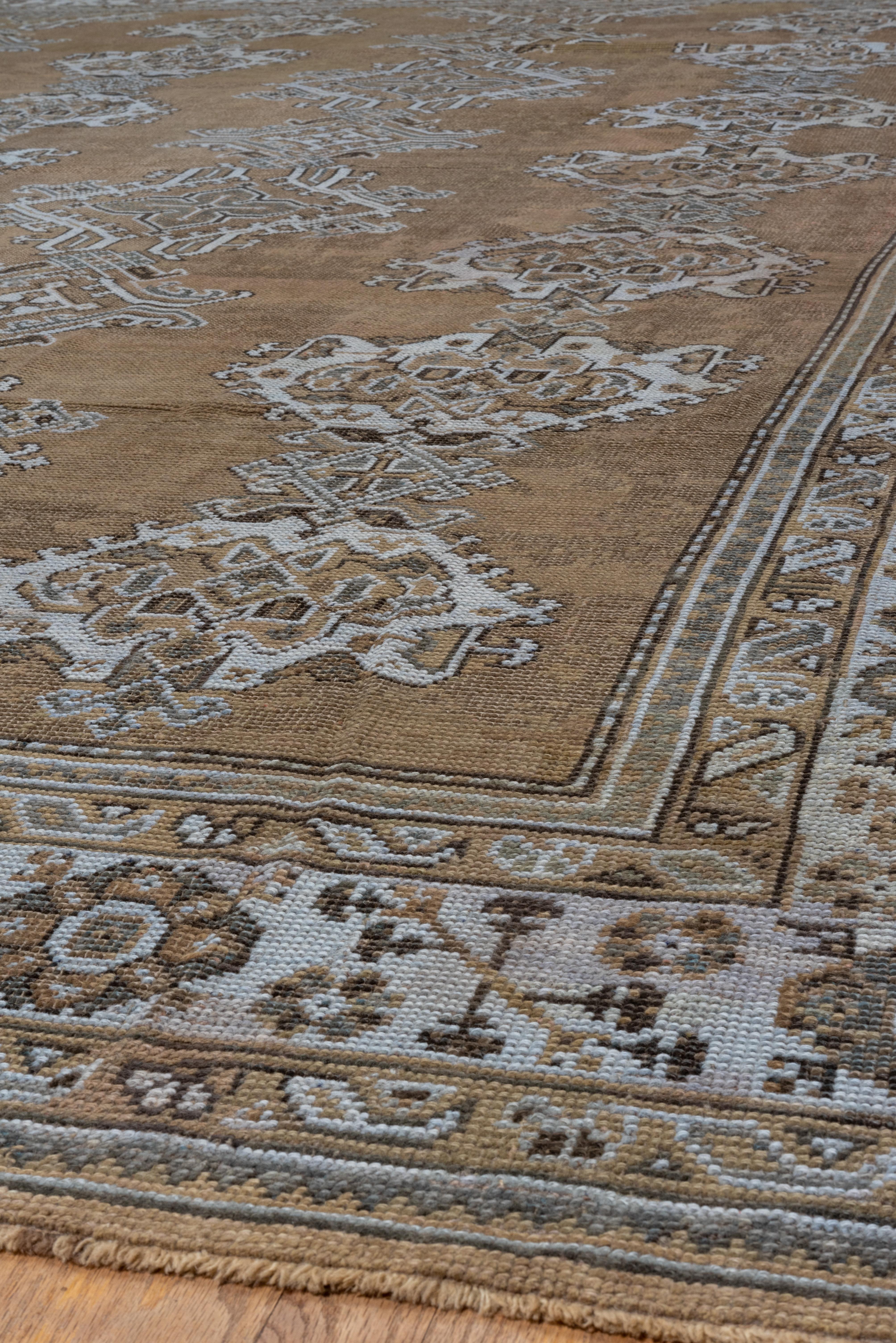 Turkish Antique Oushak Rug, Brown Field, Light Blue Borders and Motifs For Sale