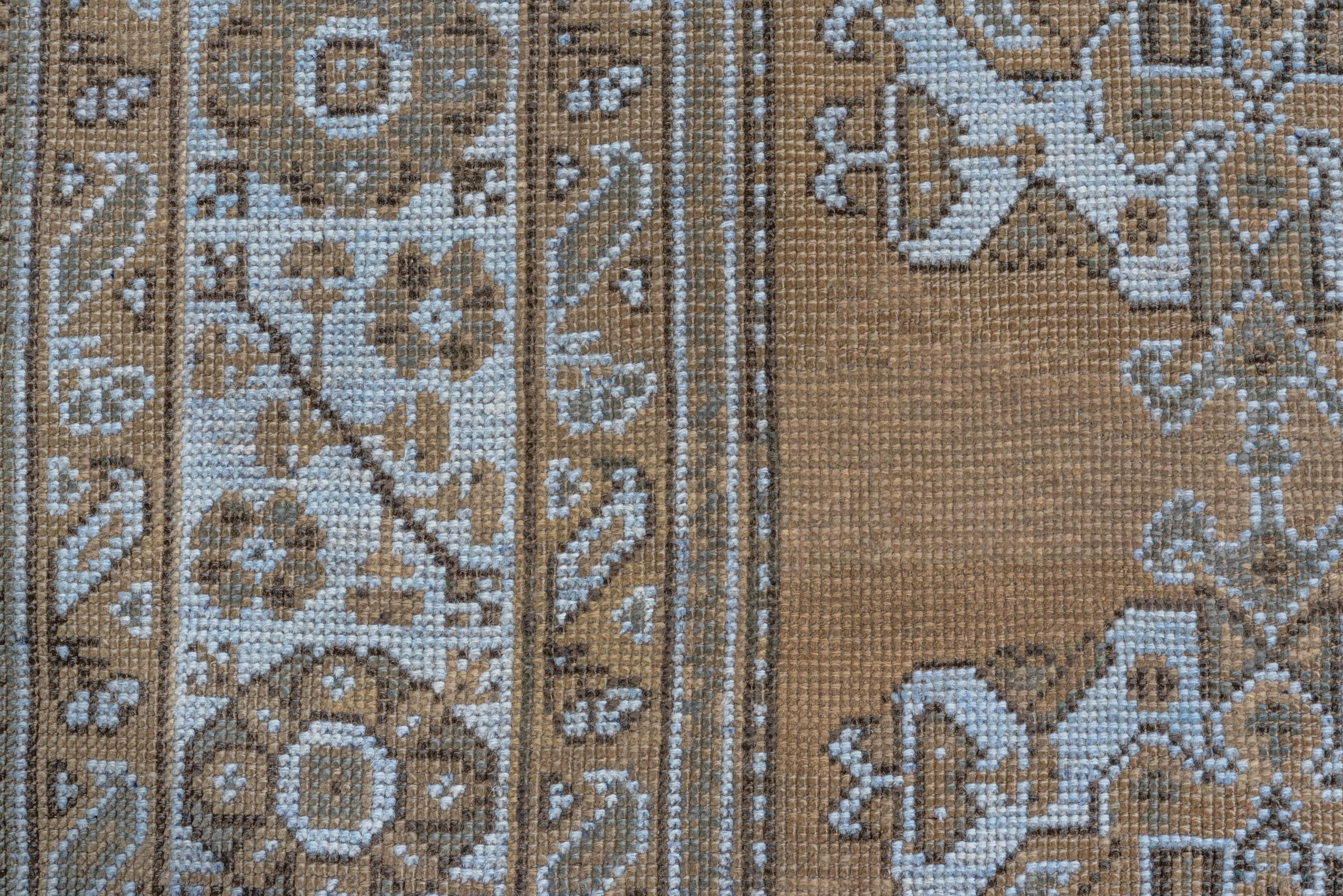Wool Antique Oushak Rug, Brown Field, Light Blue Borders and Motifs For Sale