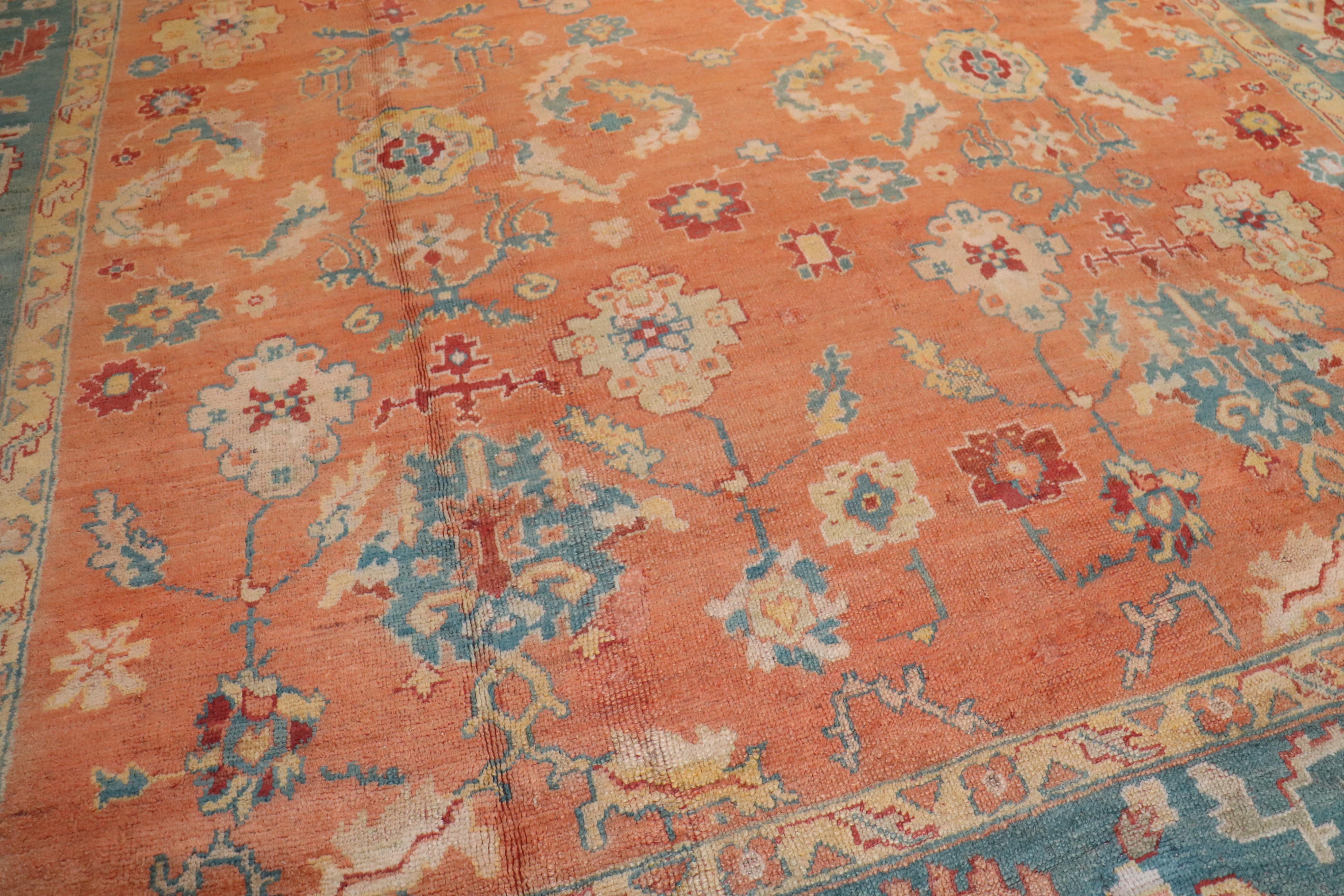 Zabihi Collection Orange Antique Turkish Oushak Rug For Sale 3