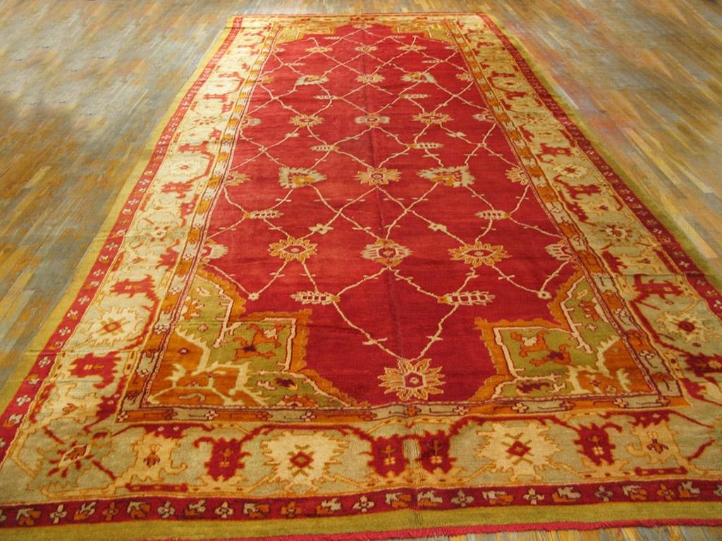 This is a very special Ushak carpet. The strong red field has a wandering lozenge lattice punctuated with various eccentric palmettes, leaving plenty of open space. The quarter corner pieces descend from classical period Ushaks. The informality