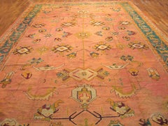 Lage Size Warm Coral Background Tribal Geometric Antique Turkish Oushak Carpet