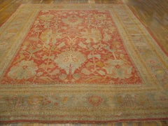 Alfombra turca Oushak antigua de estilo rústico en tonos coral, de la década de 1880, 12' x 15'6", con diseño tribal