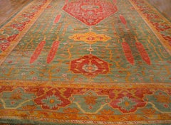 1880s Teal Blue Green Red Antique Turkish Oushak Carpet 12'4" x 23'7" Wool Rug