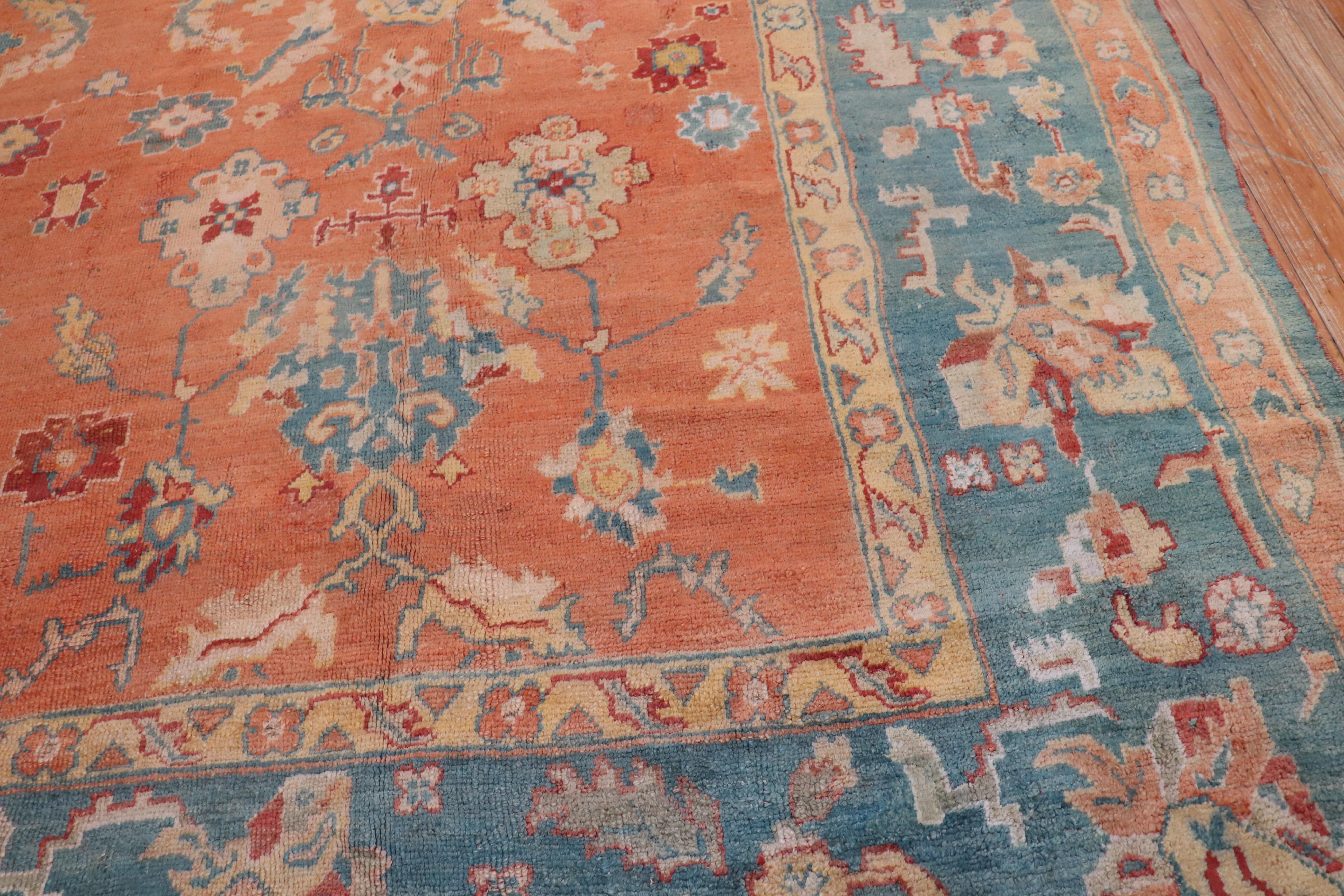 Arts and Crafts Zabihi Collection Orange Antique Turkish Oushak Rug For Sale