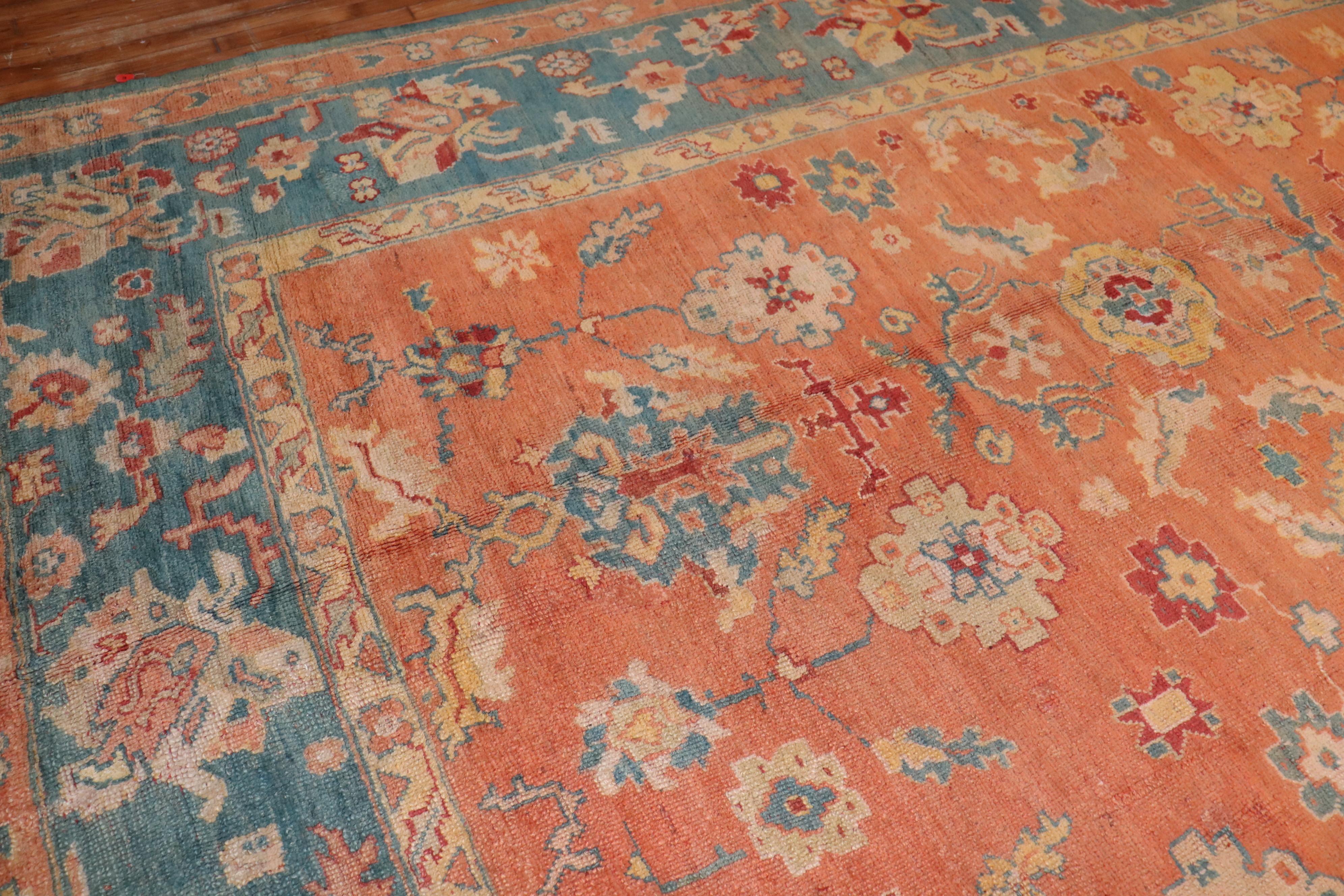 Zabihi Collection Orange Antique Turkish Oushak Rug In Good Condition For Sale In New York, NY