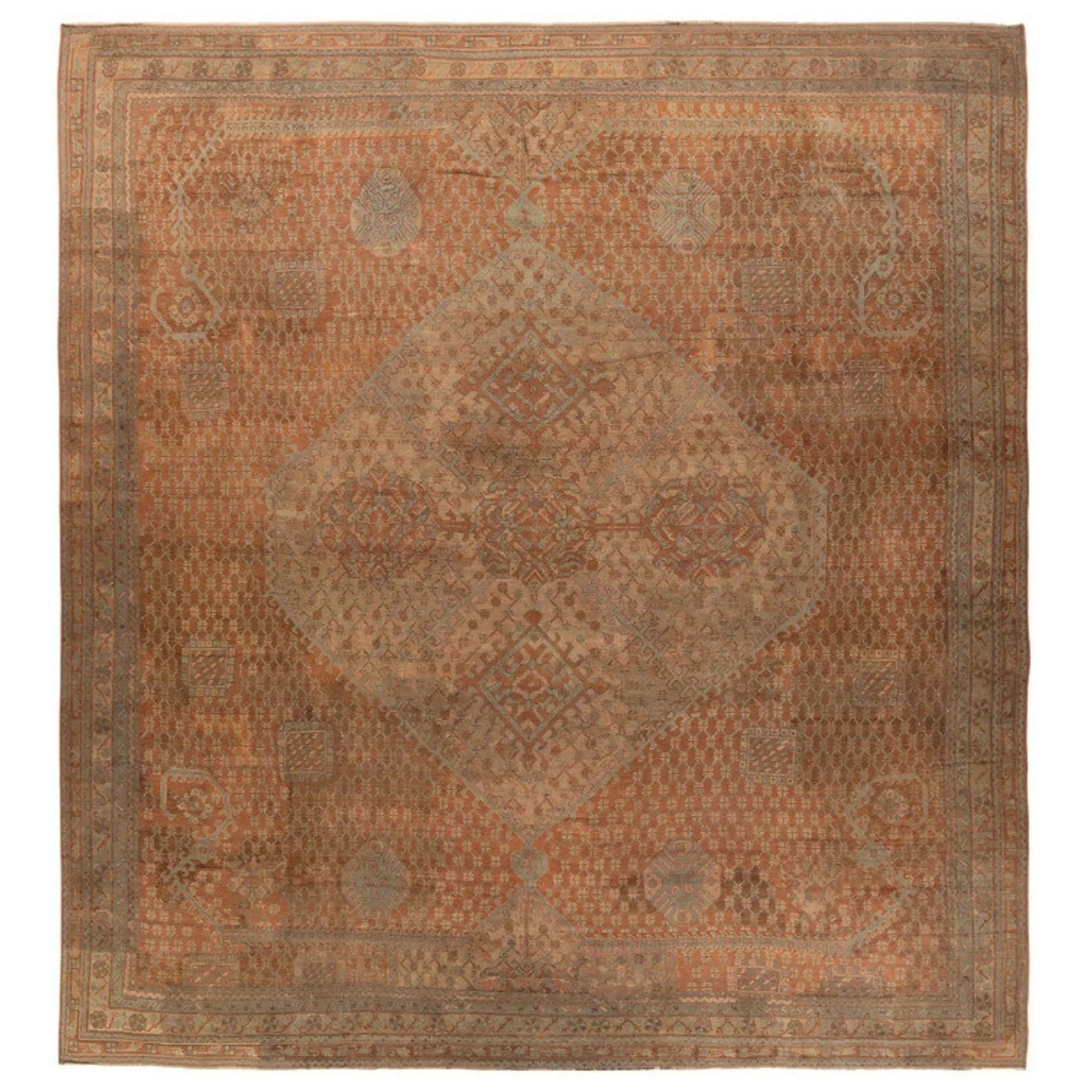 Antique Oushak Rug, Grand Lozenge Medallion on Terracotta Field - Rug 
Kilim For Sale