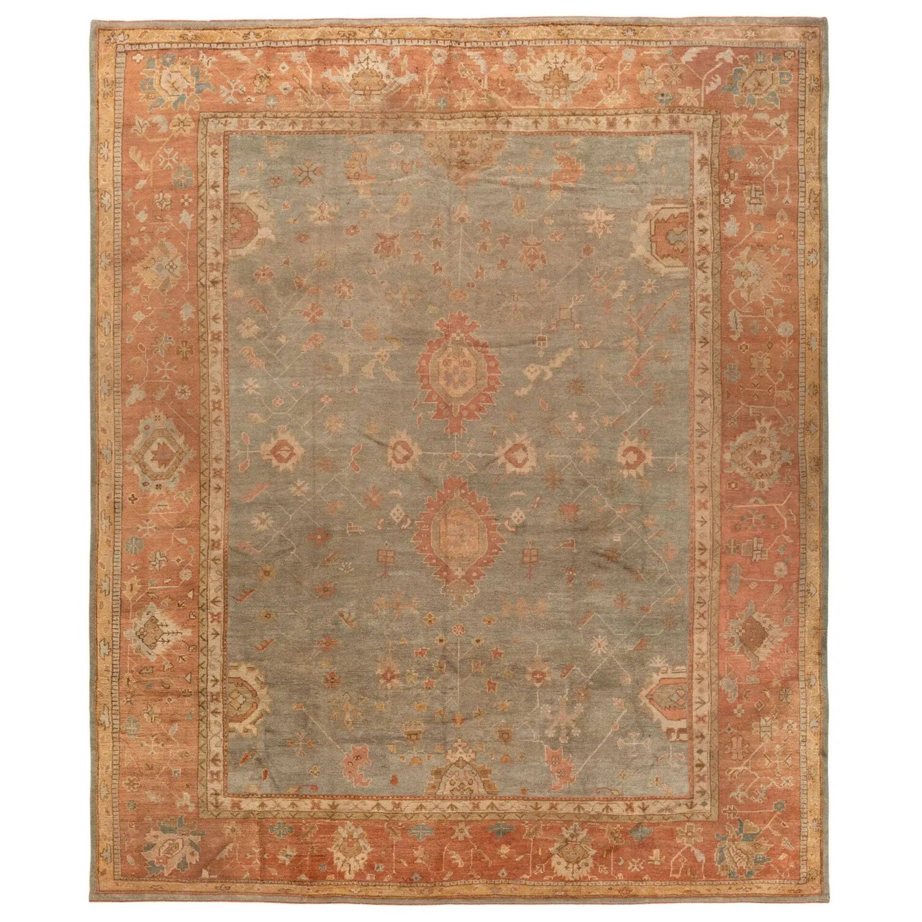 Antique Oushak Rug, Gray Field with Rust Border - Rug 
Kilim For Sale