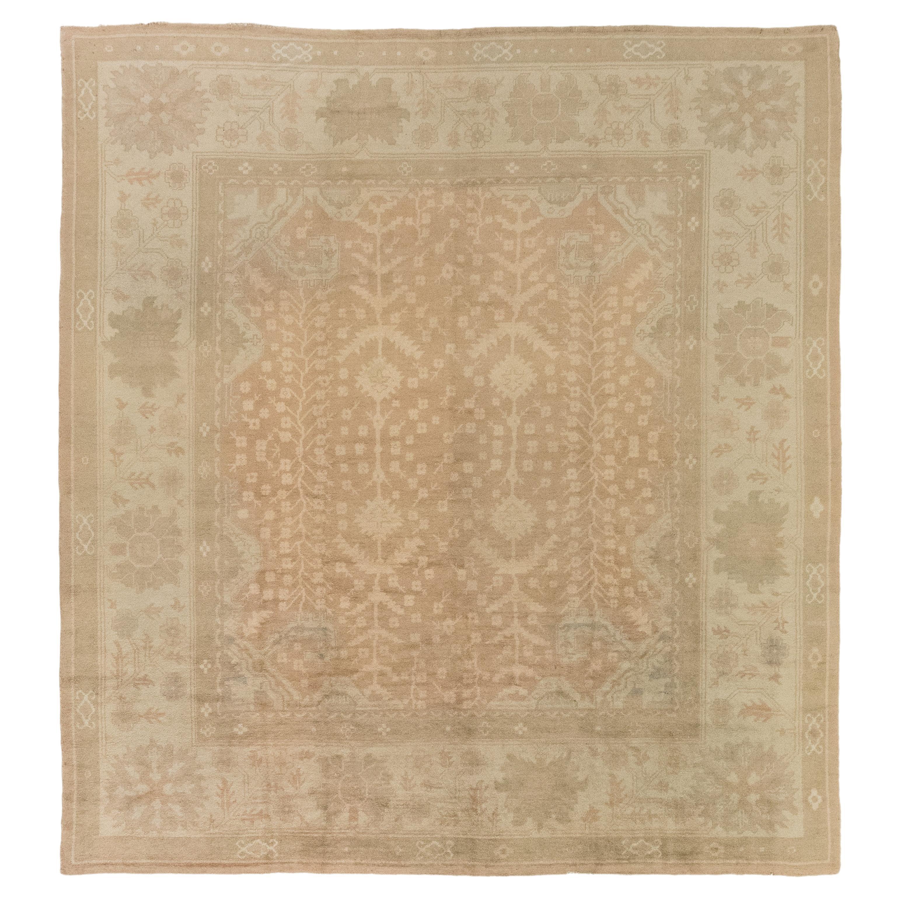 Antiker Oushak Teppich, handgeknüpft, 11x10.2 ft - Beige, Sand und verblasstes Rosa