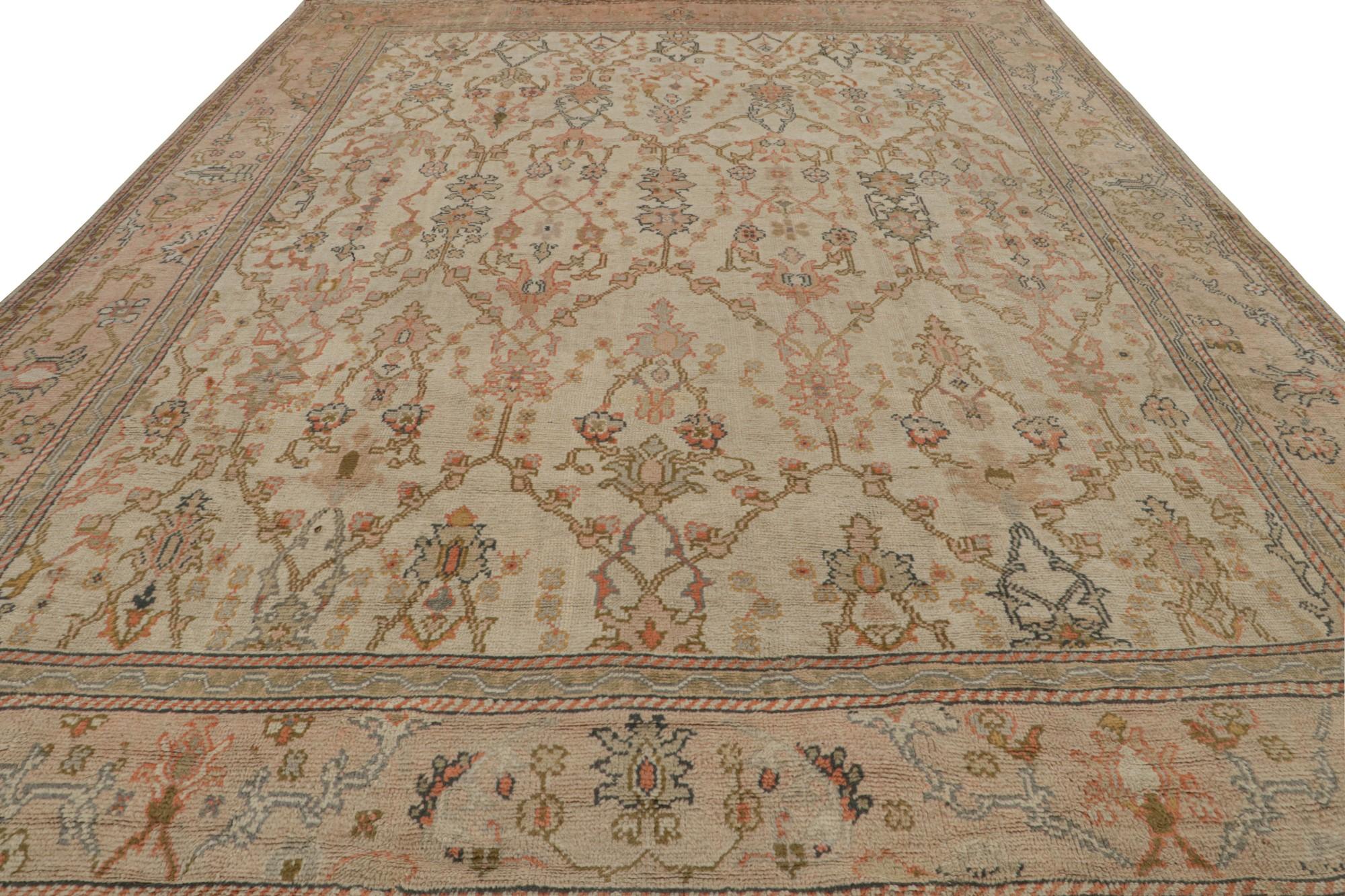 Turkish Antique Oushak Rug in Beige and Pink with Floral Patterns, from Rug & Kilim For Sale