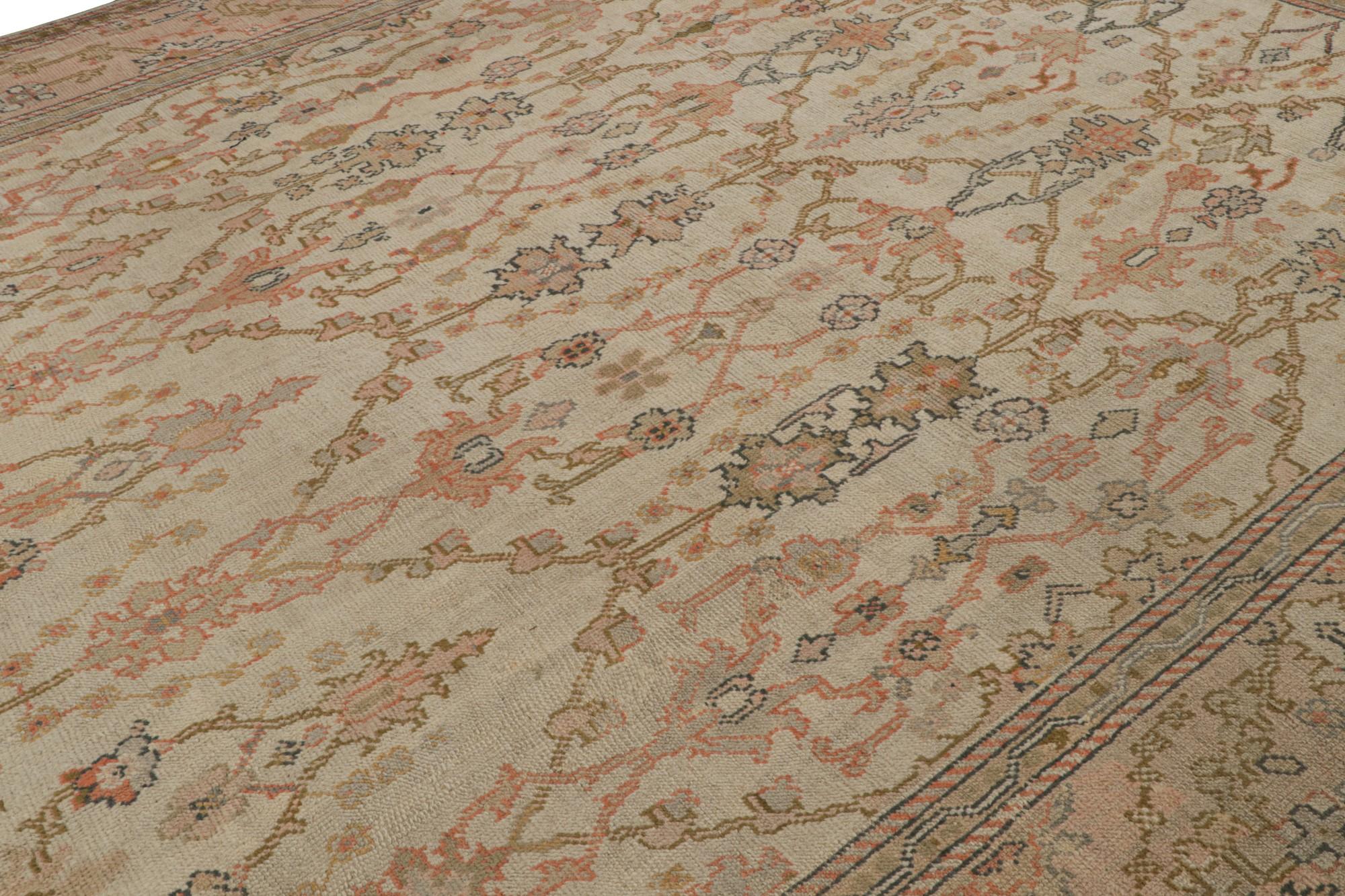 Hand-Knotted Antique Oushak Rug in Beige and Pink with Floral Patterns, from Rug & Kilim For Sale
